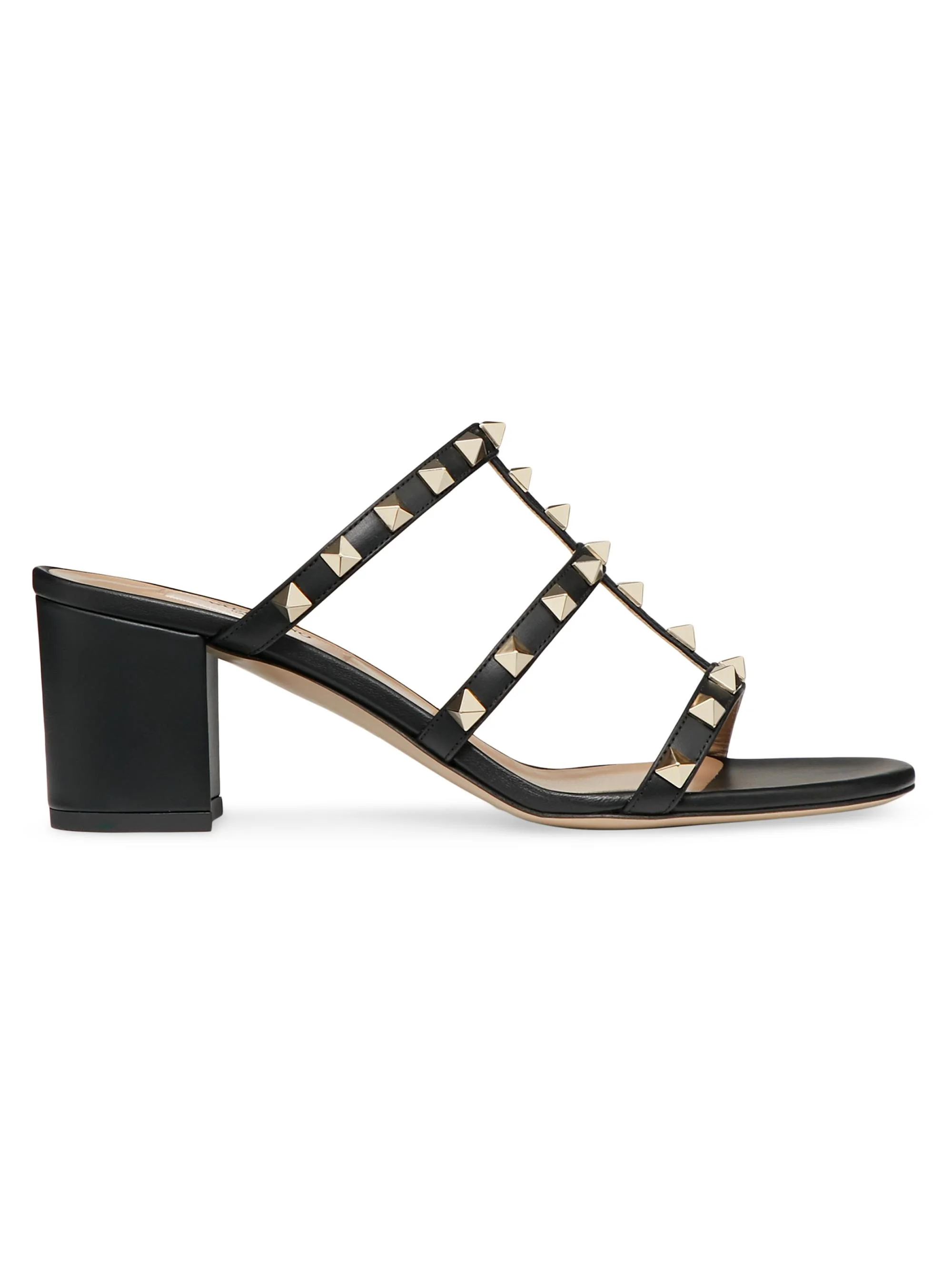 Women's Rockstud Calfskin Leather Slide Sandals 60MM - Black - 1