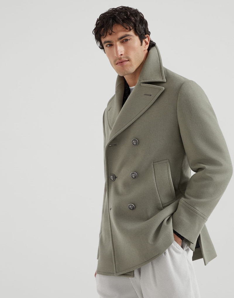 Wool flannel double cloth pea coat with metal buttons 1