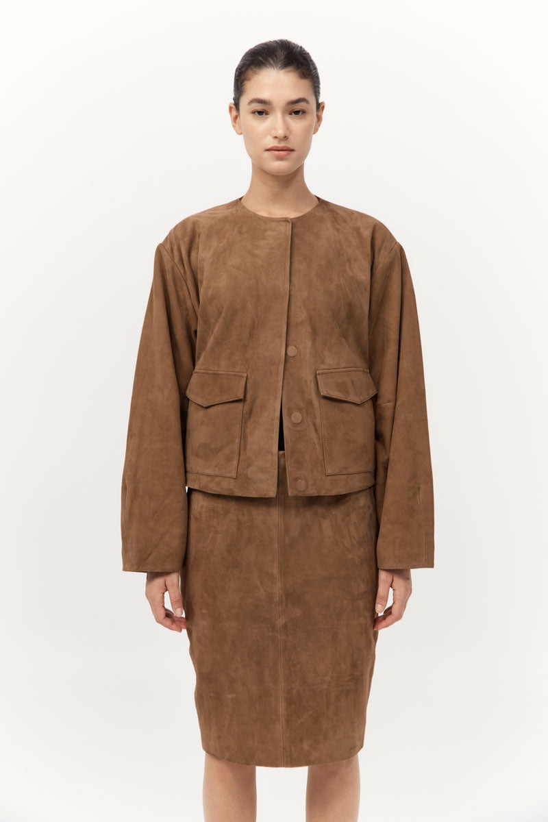 Suede Utility Cocoon Bomber - Toffee - 2