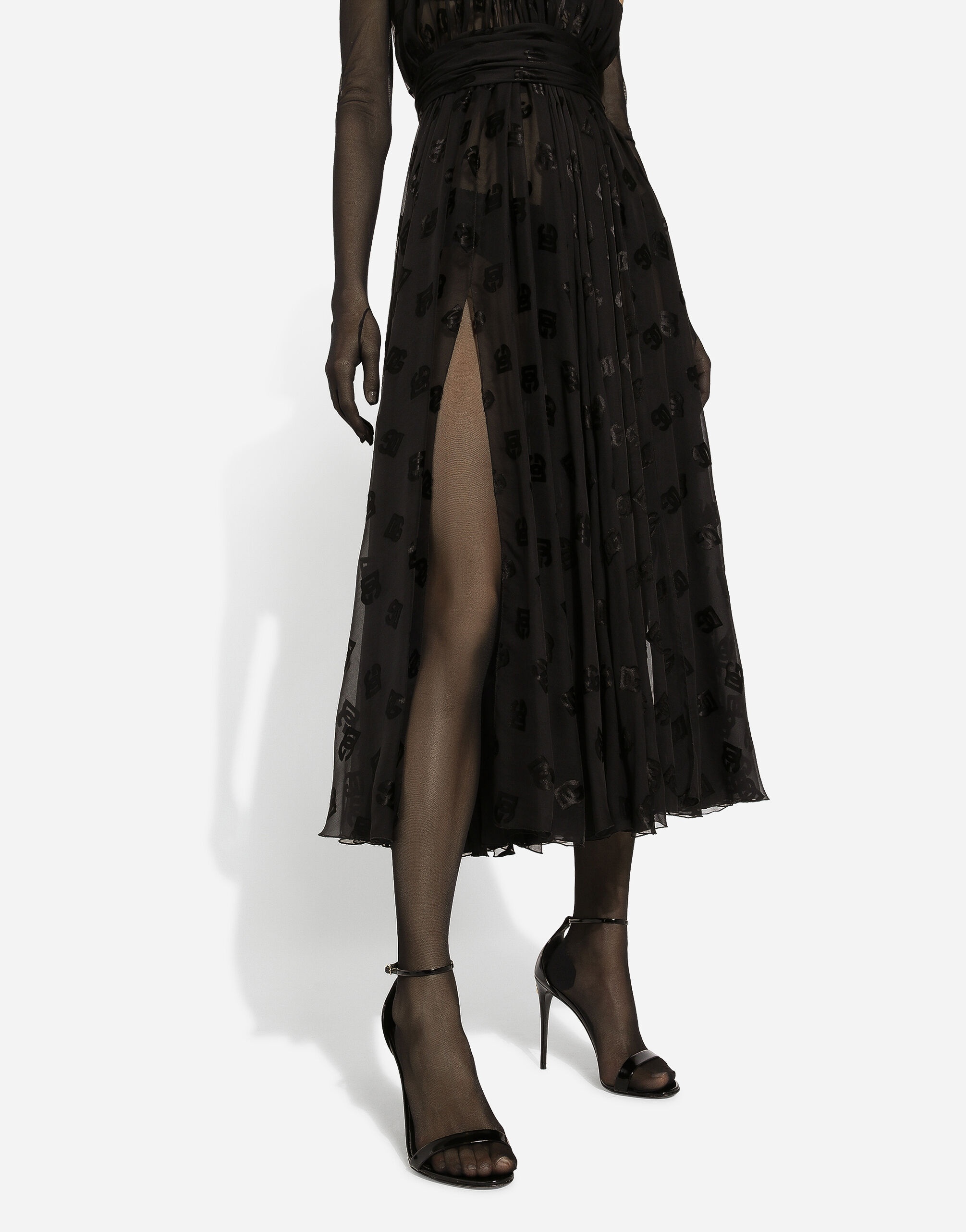 Dévoré satin calf-length dress with all-over DG logo - 5