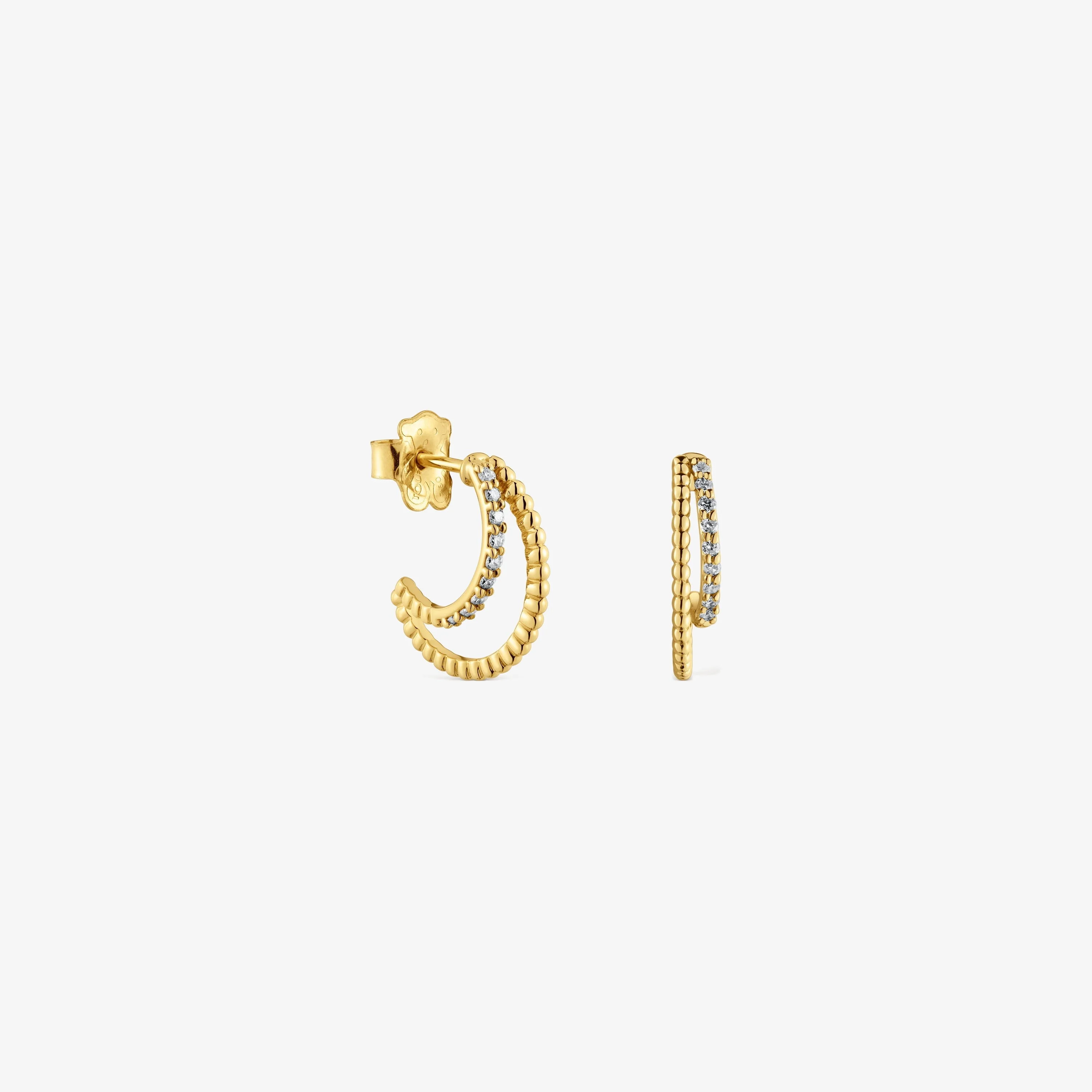 Short double hoop 18K solid gold Earrings with diamonds Les Classiques - 1