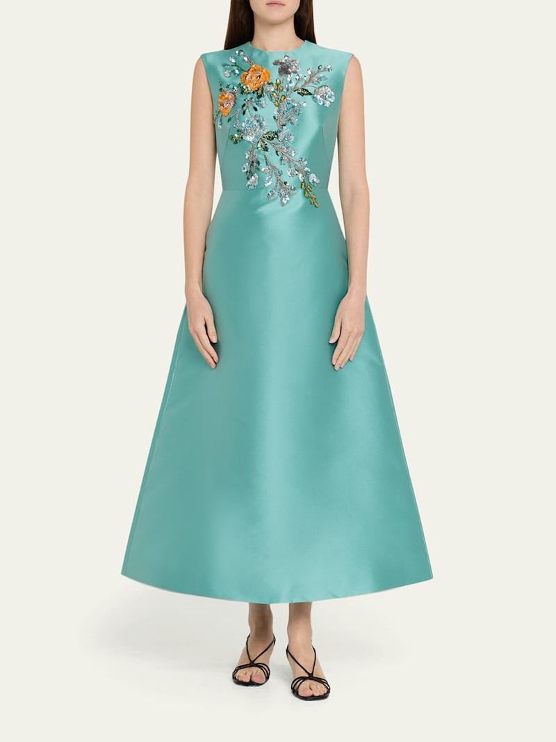 REEM ACRA Embroidered Mikado Silk Sleeveless Midi Dress outlook