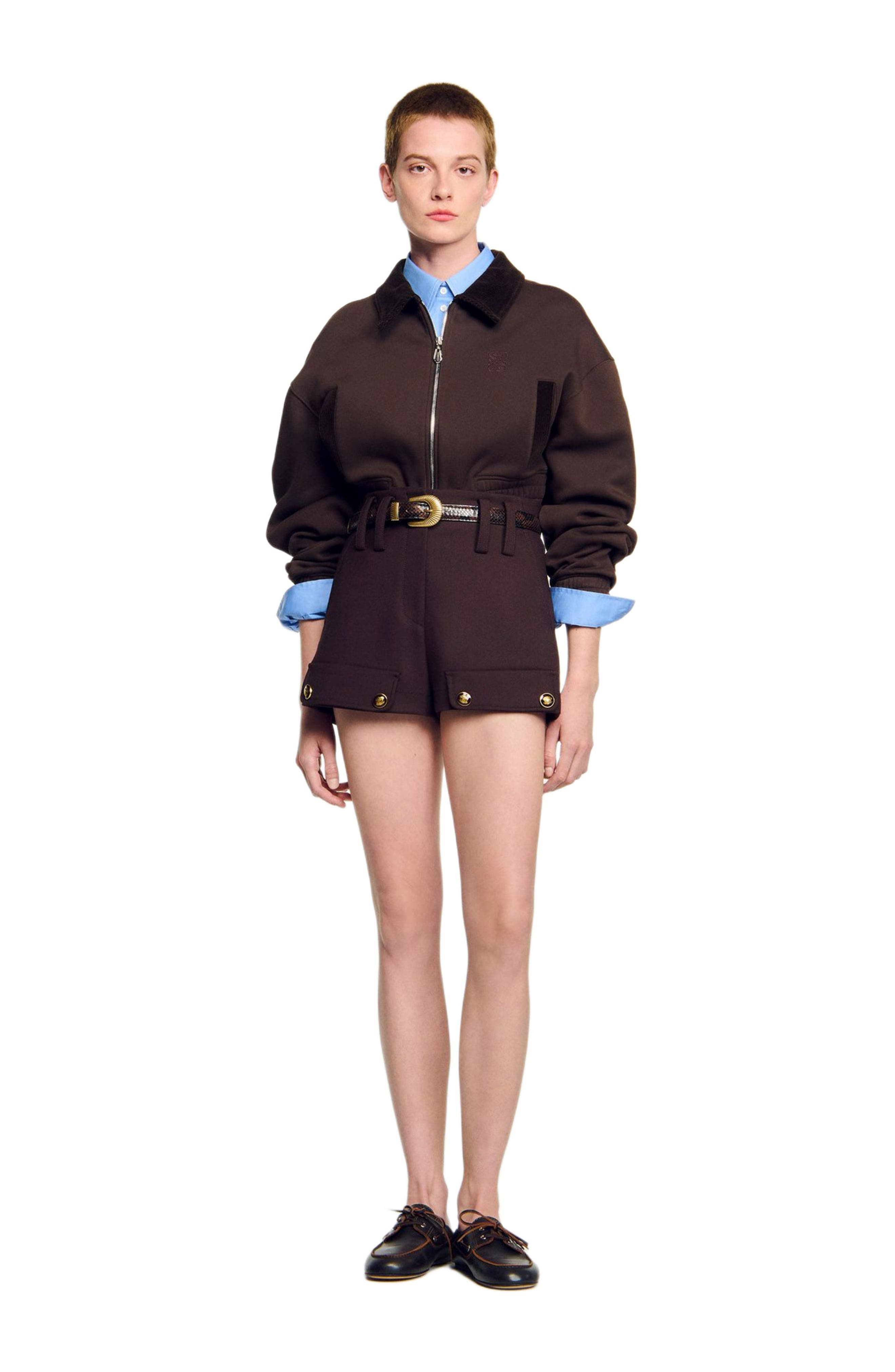 SANDRO Cropped dual-fabric sweatshirt in Brown at Nordstrom - 6