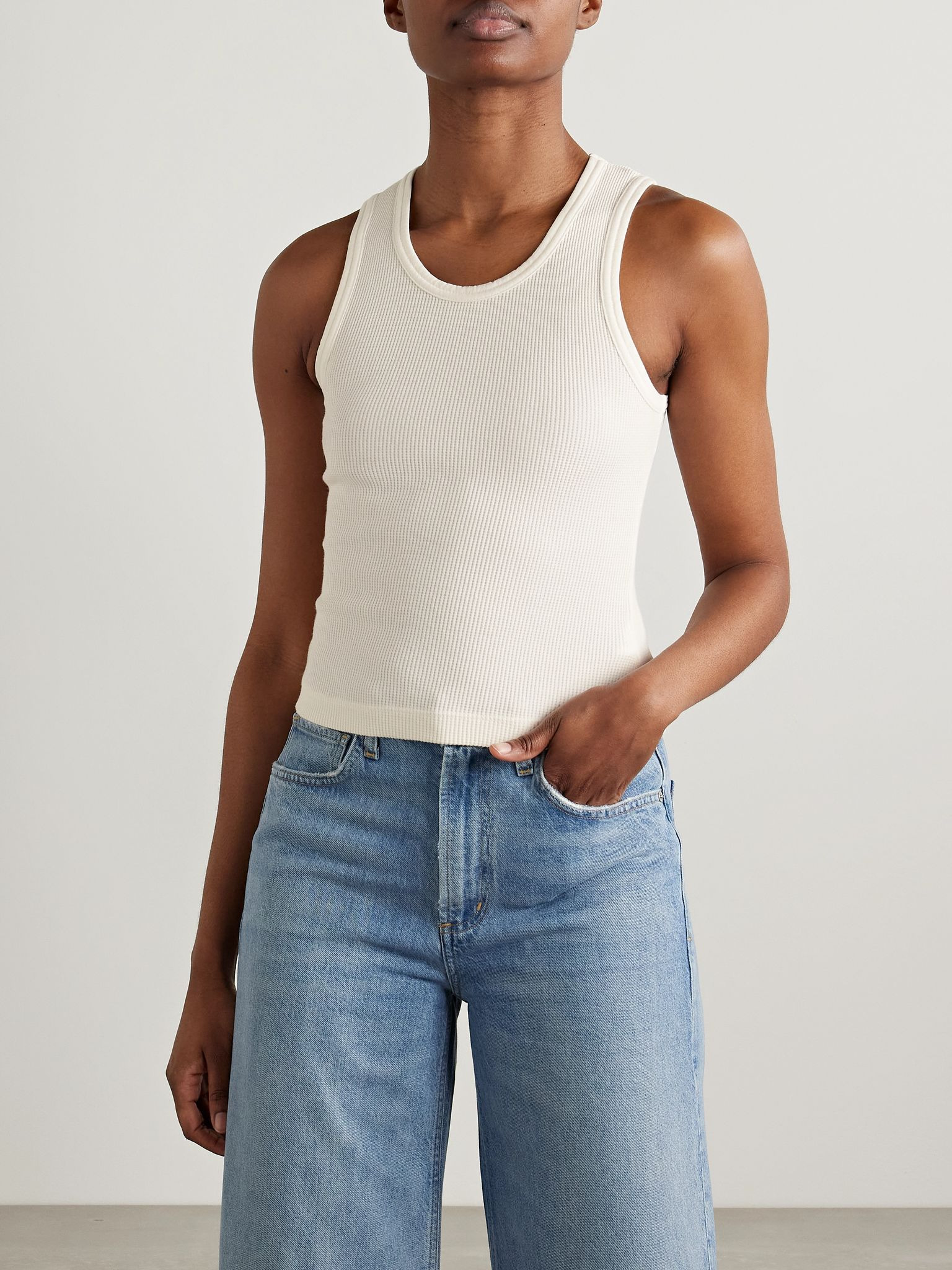 Inez waffle-knit cotton tank Cream - 3