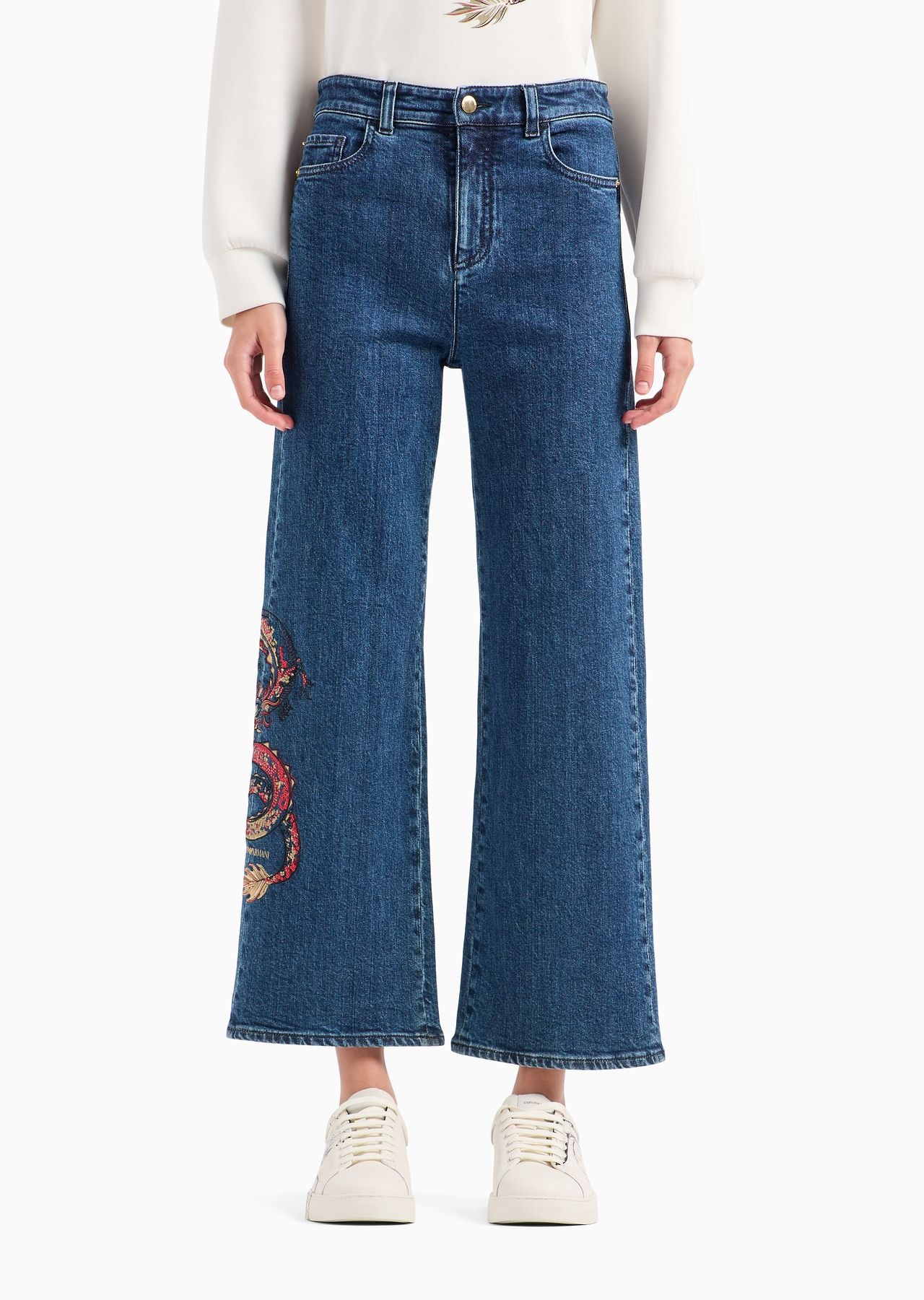 High-waisted cropped jeans in comfort denim with embroidery - 2