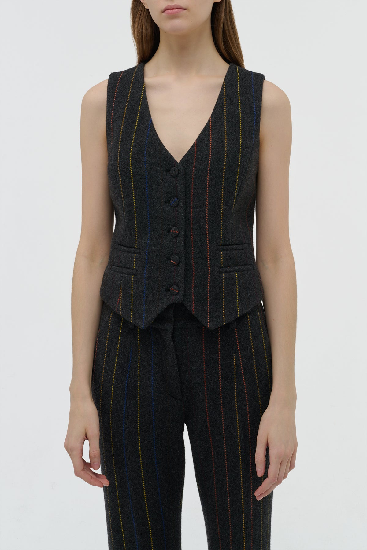 Coleridge Vest in Charcoal Multi Pinstripe Wool Cashmere - 5