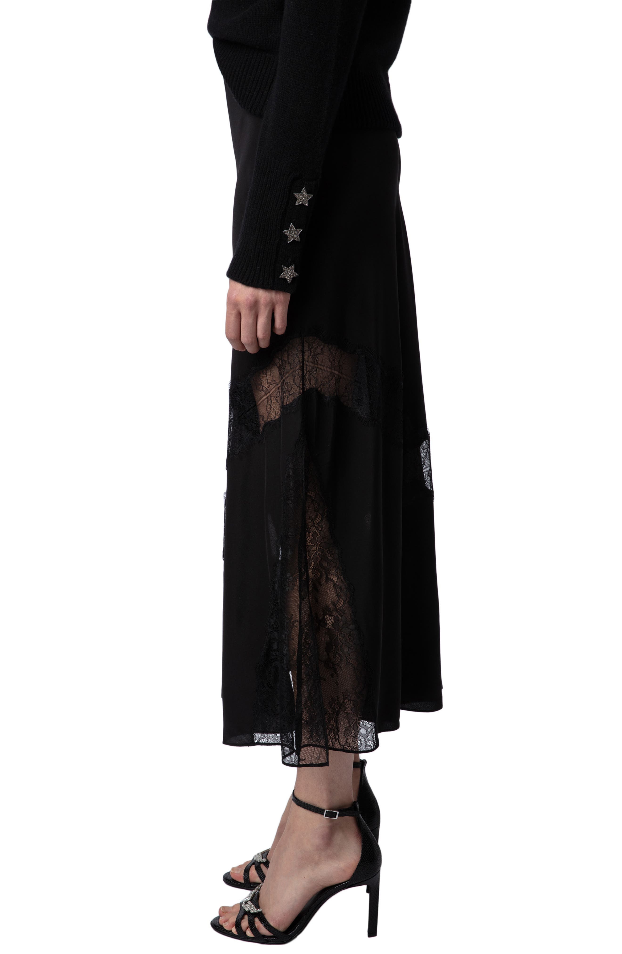 Zadig & Voltaire Jaylal Lace Trim Silk Maxi Skirt in Noir at Nordstrom - 3