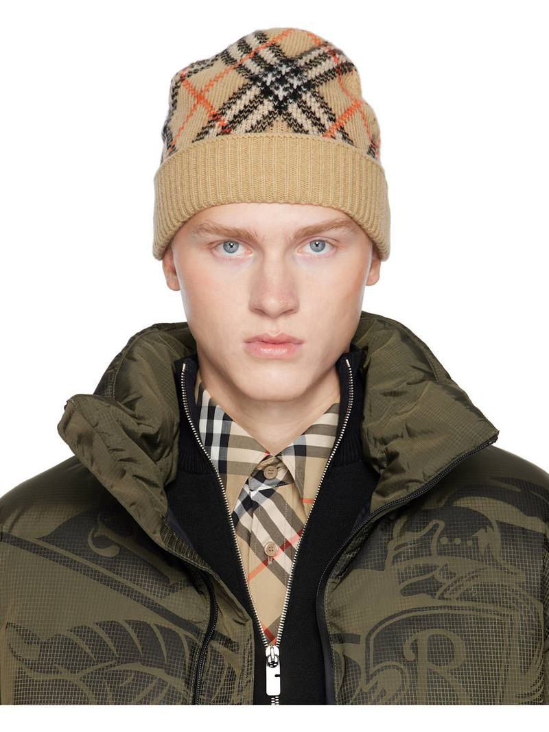 Beige Check Cashmere Beanie - 1