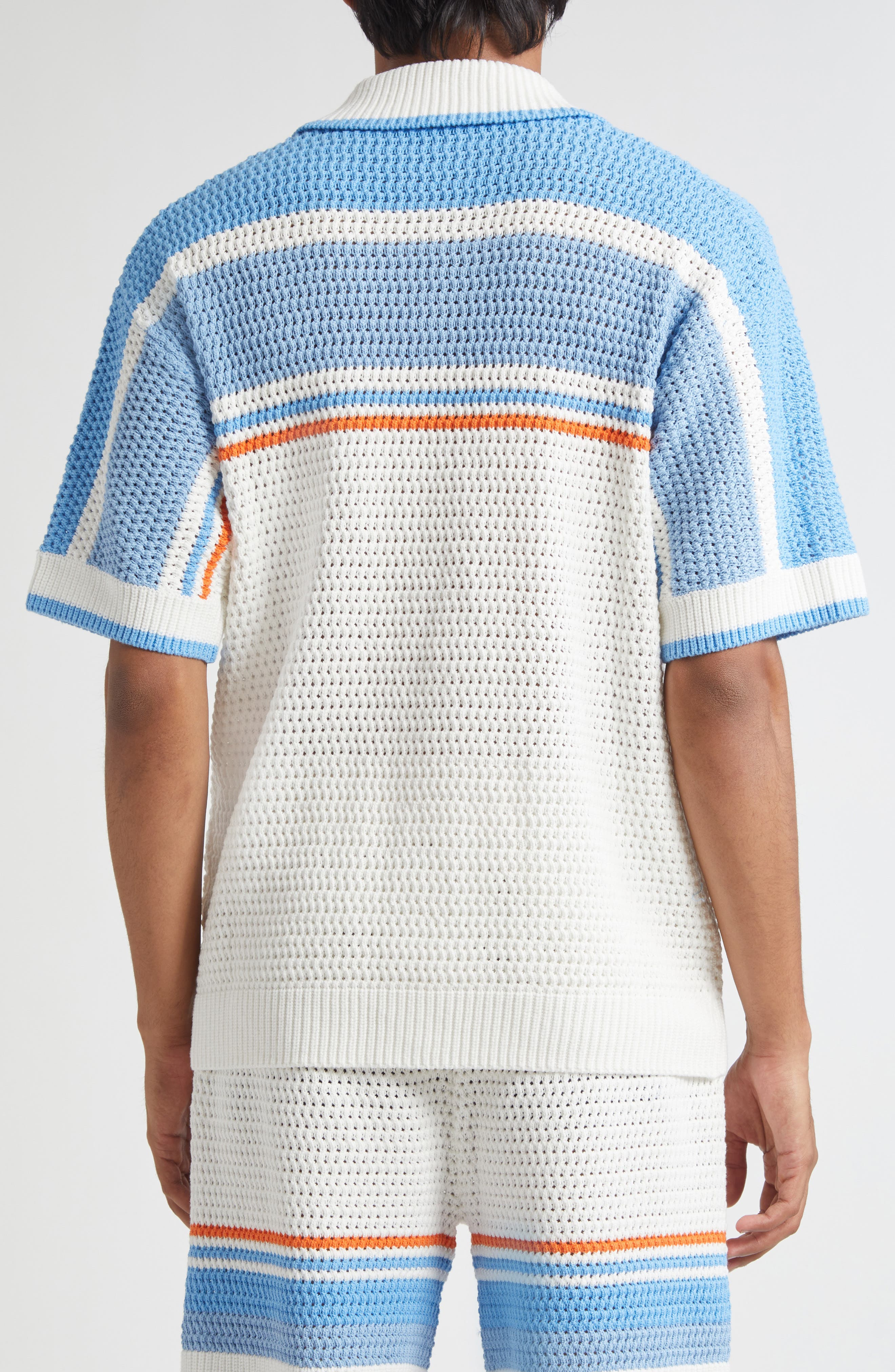 Casablanca Camp Collar Short Sleeve Cotton Crochet Cardigan in Blue Multi at Nordstrom - 2