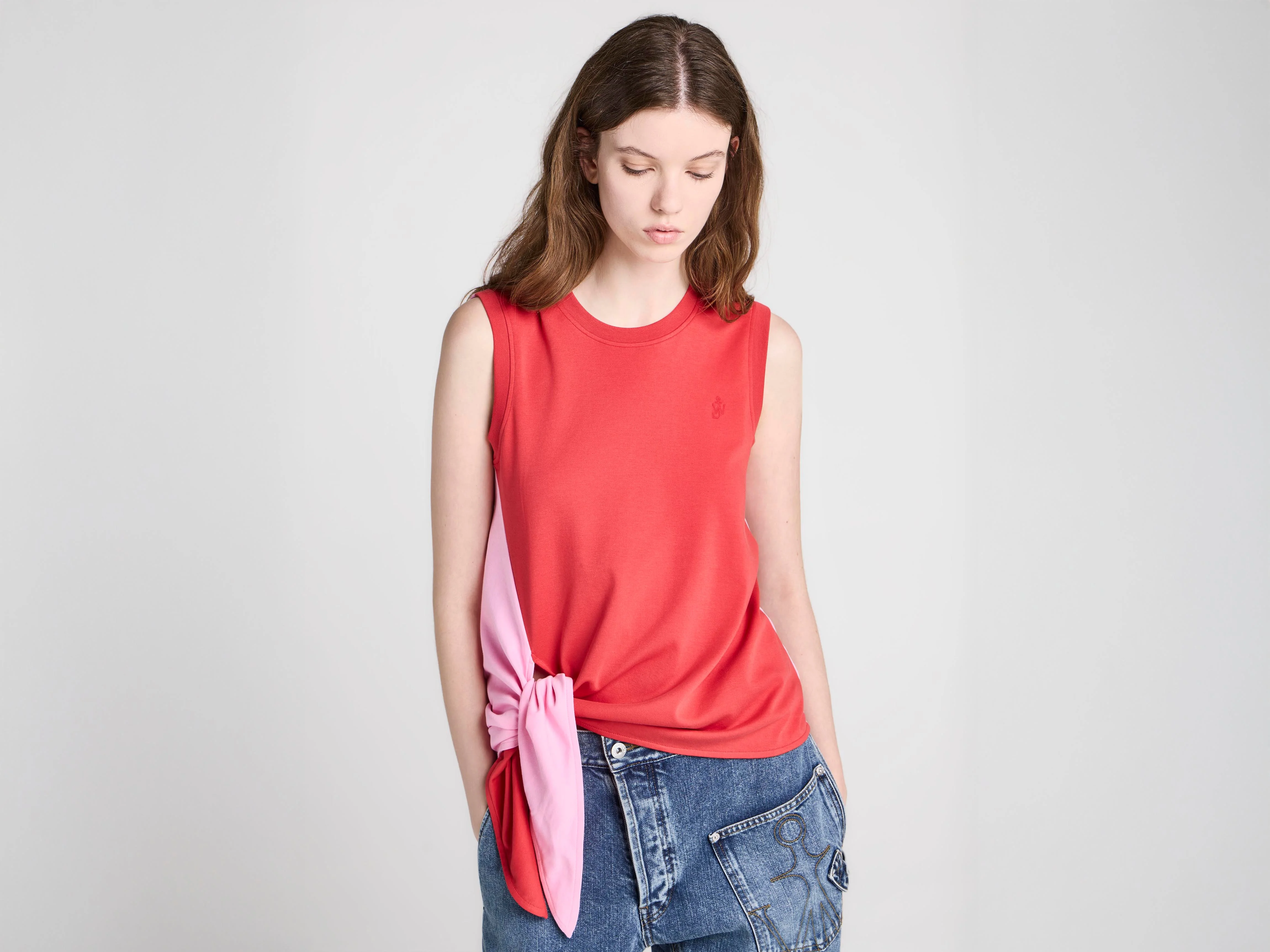 WOMENS HEM KNOT TANK TOP IN RED & BUBBLEGUM - 1