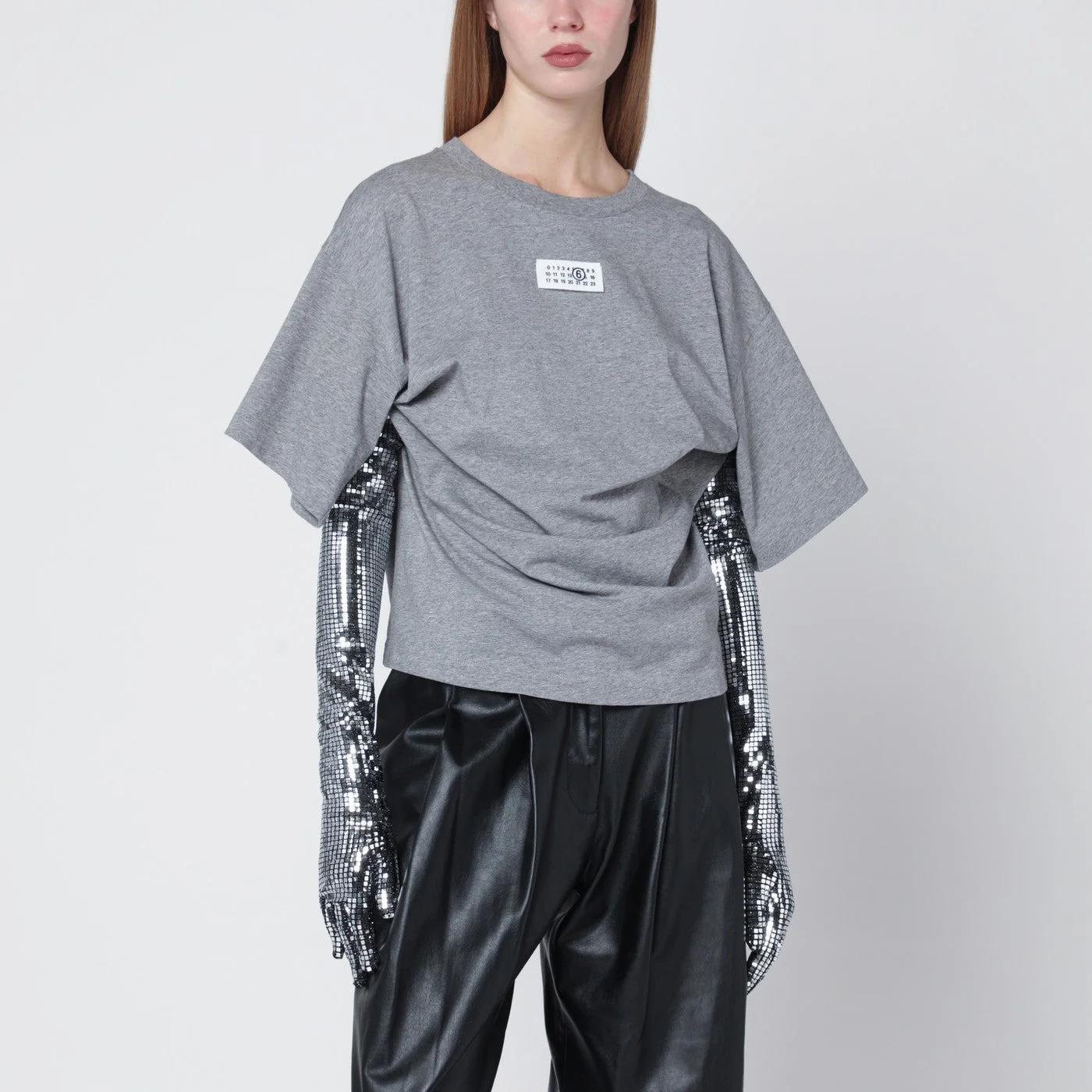 Grey mélange cotton T-shirt with gloves - 1