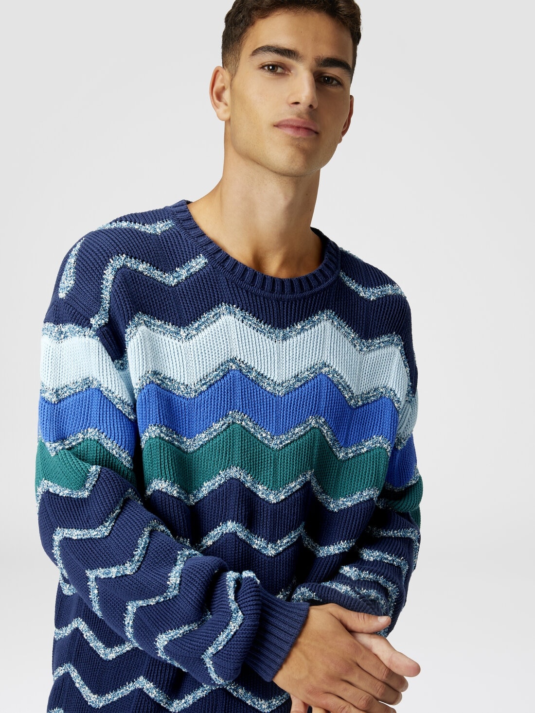 Crew-neck pullover with macro zigzag and mélange details - 4
