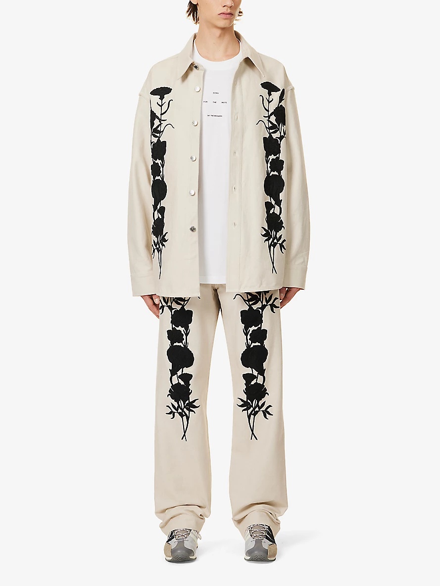 Floral-embroidered relaxed-fit cotton-twill trousers - 2