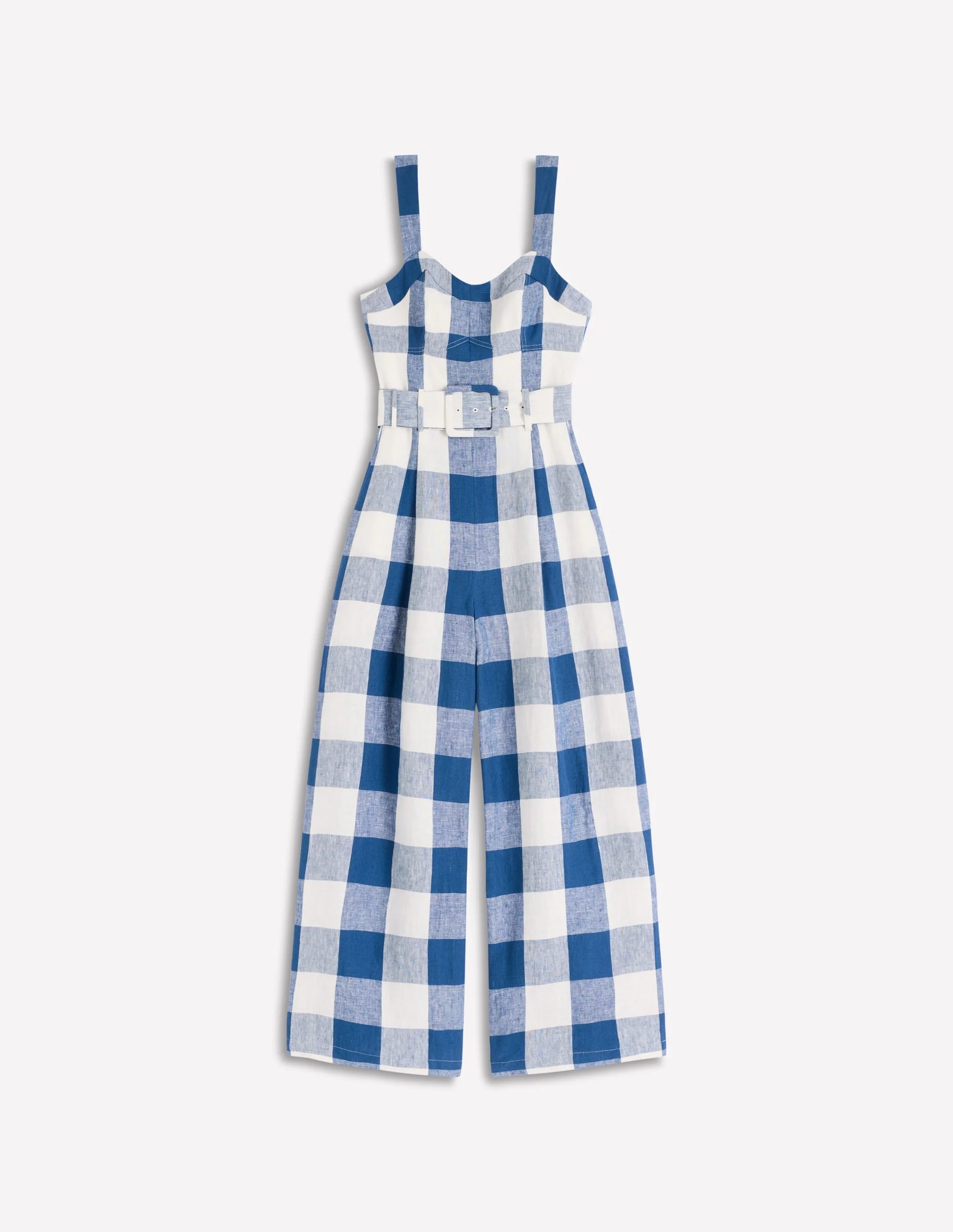 Panelled Bodice Linen Jumpsuit-Denim Blue Gingham - 1