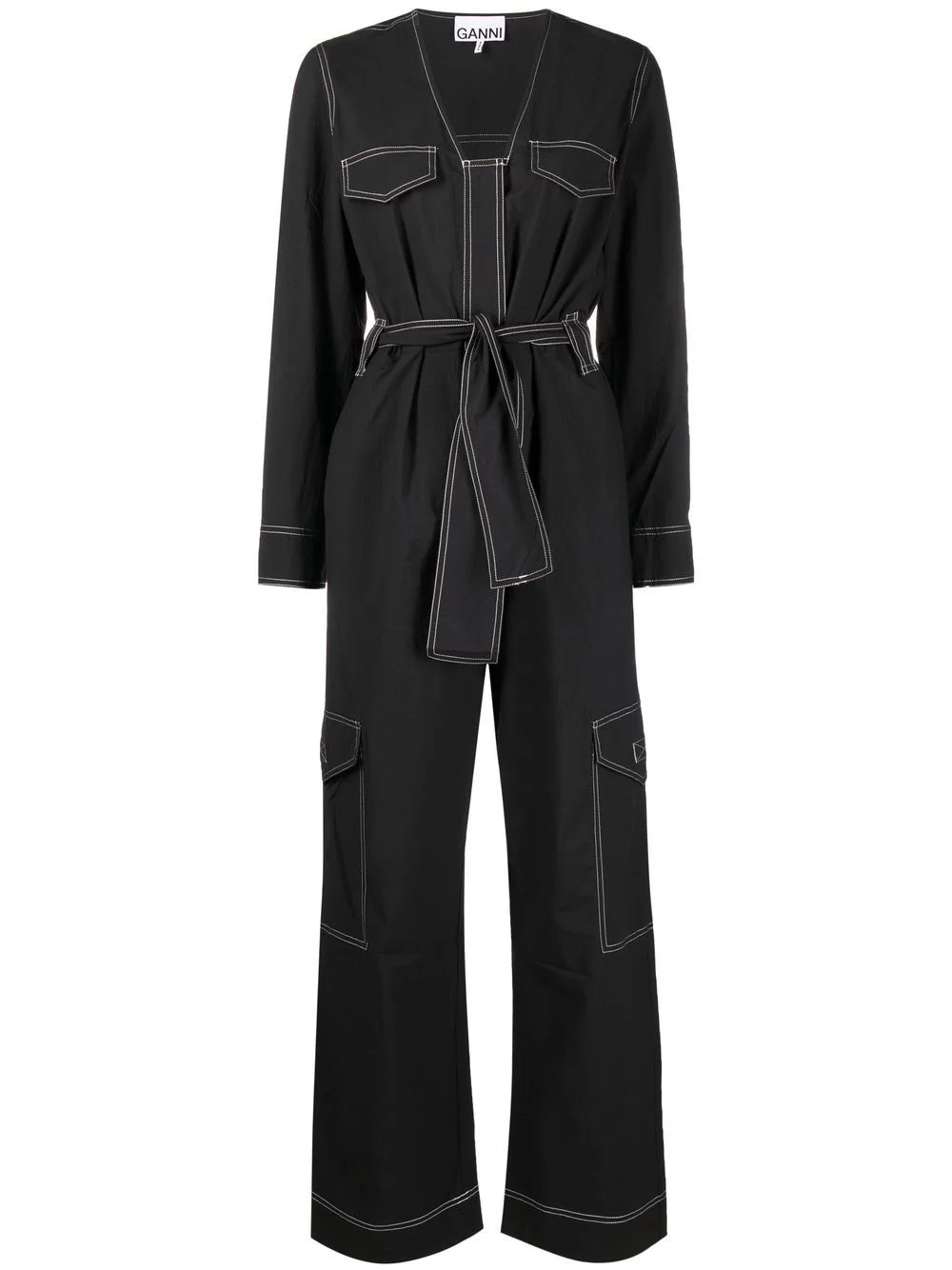 belted contrast-stitch jumpsuit - 1