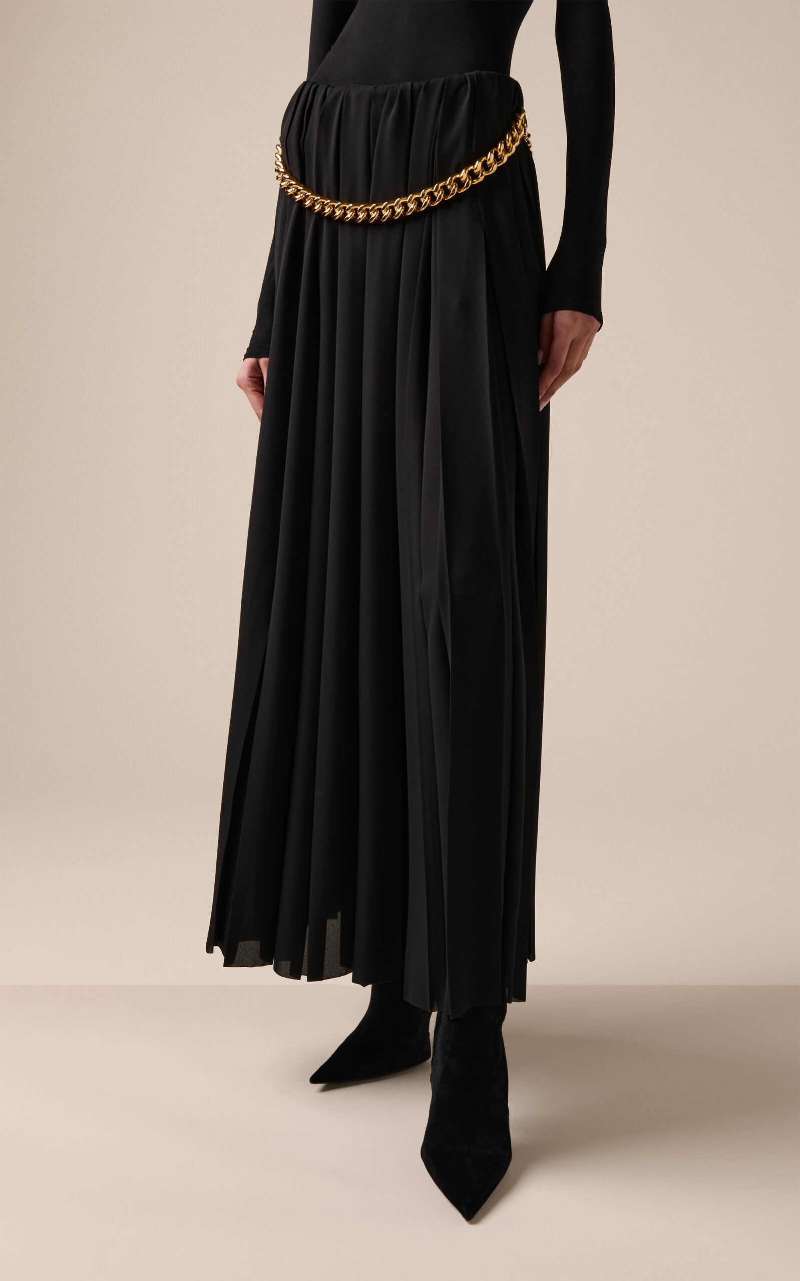 Belt-Detailed Pleated Crepe Maxi Skirt black - 3