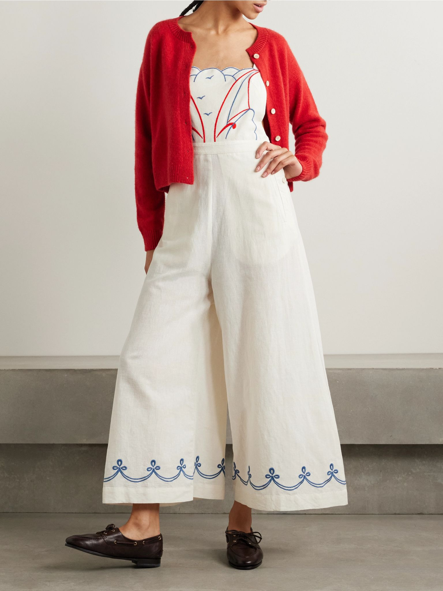Embroidered cotton and linen-blend jumpsuit Cream - 2