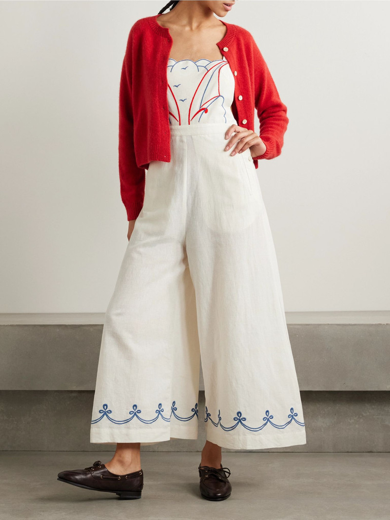 BODE Embroidered cotton and linen-blend jumpsuit Cream outlook