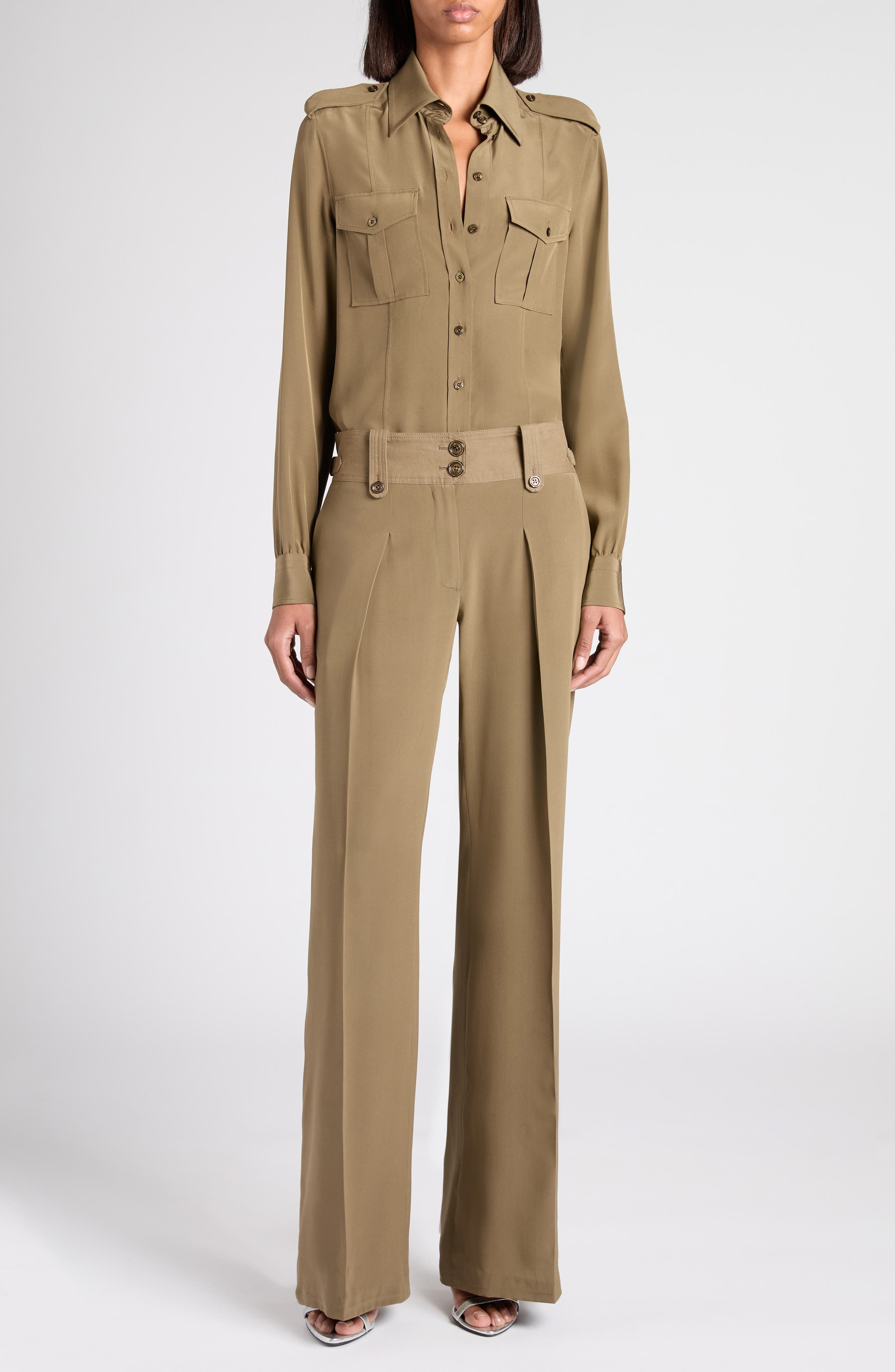 TOM FORD Pleated Wide Leg Silk Crêpe de Chine Pants in Fg501 Khaki at Nordstrom - 2