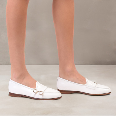 Santoni Women's white leather Andrea double-buckle loafer outlook