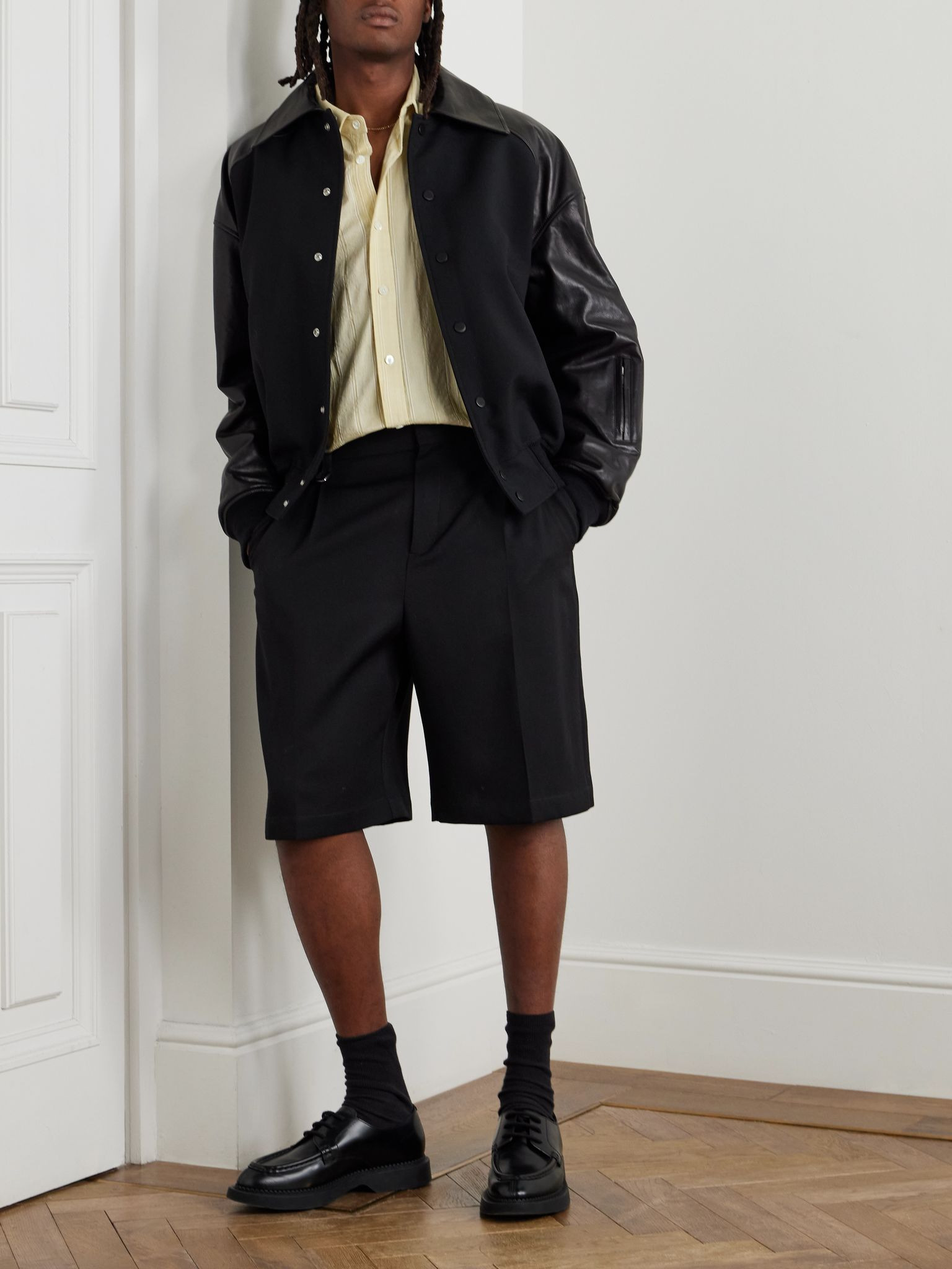 Oversized Leather-Trimmed Wool Varsity Jacket Black - 2