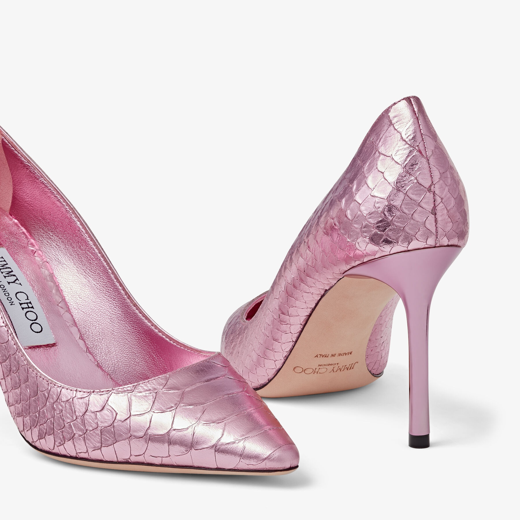 Romy 85
Candy Pink Metallic Snake Printed Leather Pumps - 3
