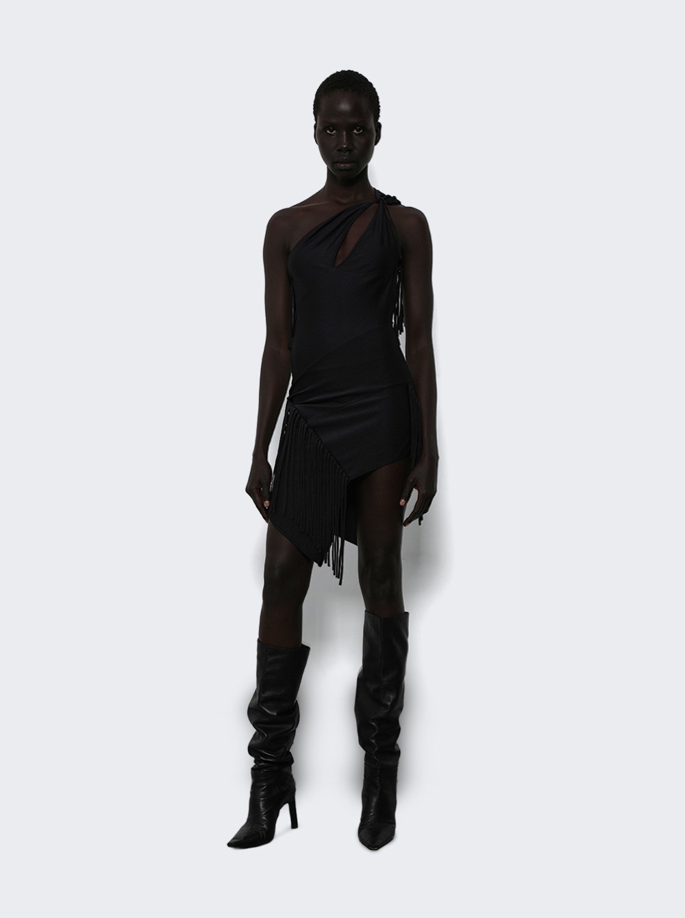 Asymmetric Fringed Jersey Dress Black - 5