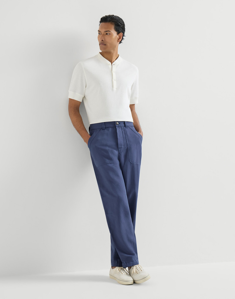 Linen and cotton drill trousers with patch pockets and drawstring 5