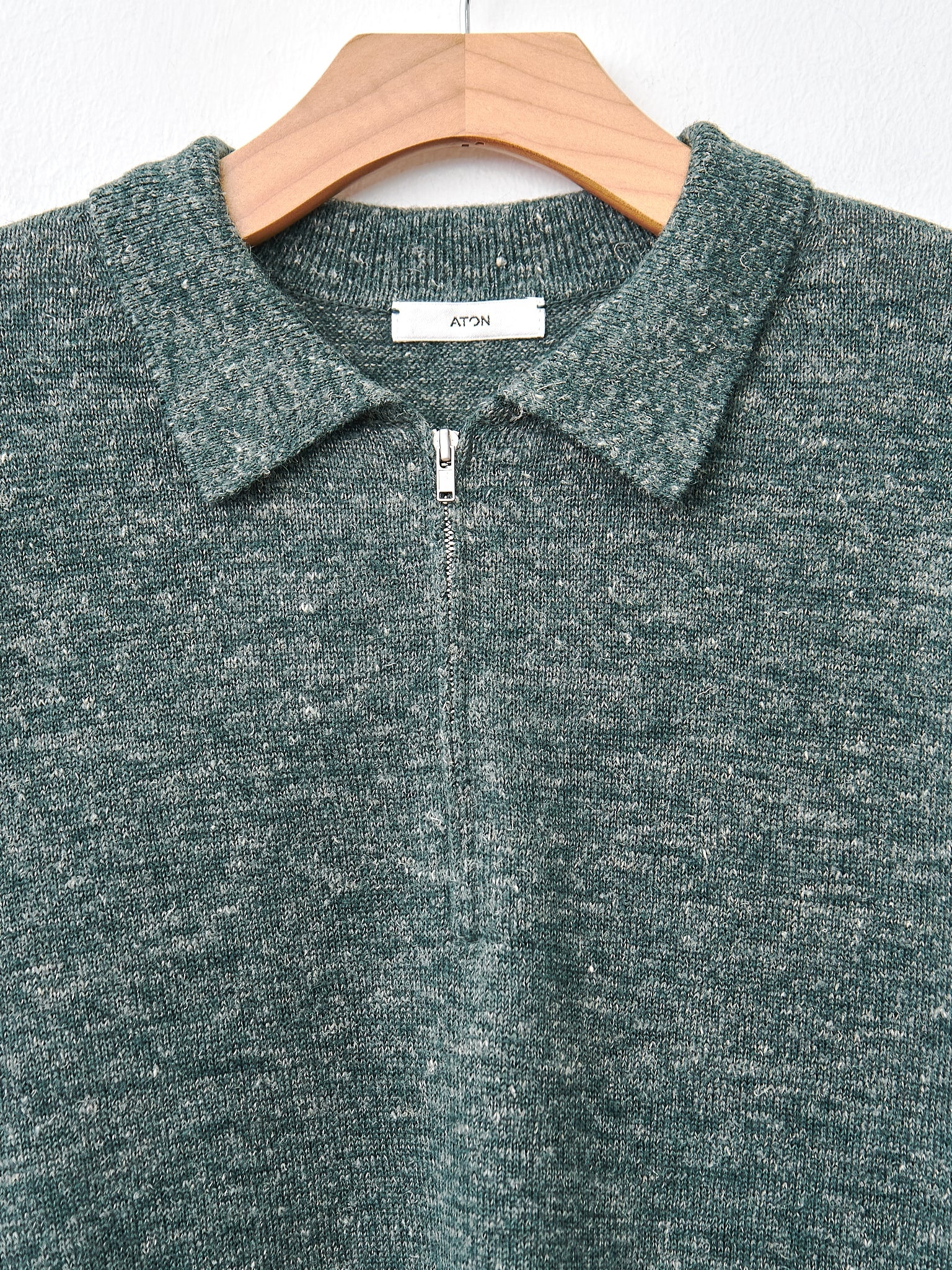 Baby Alpaca Linen Zip Up Polo Sweater - Green - 2