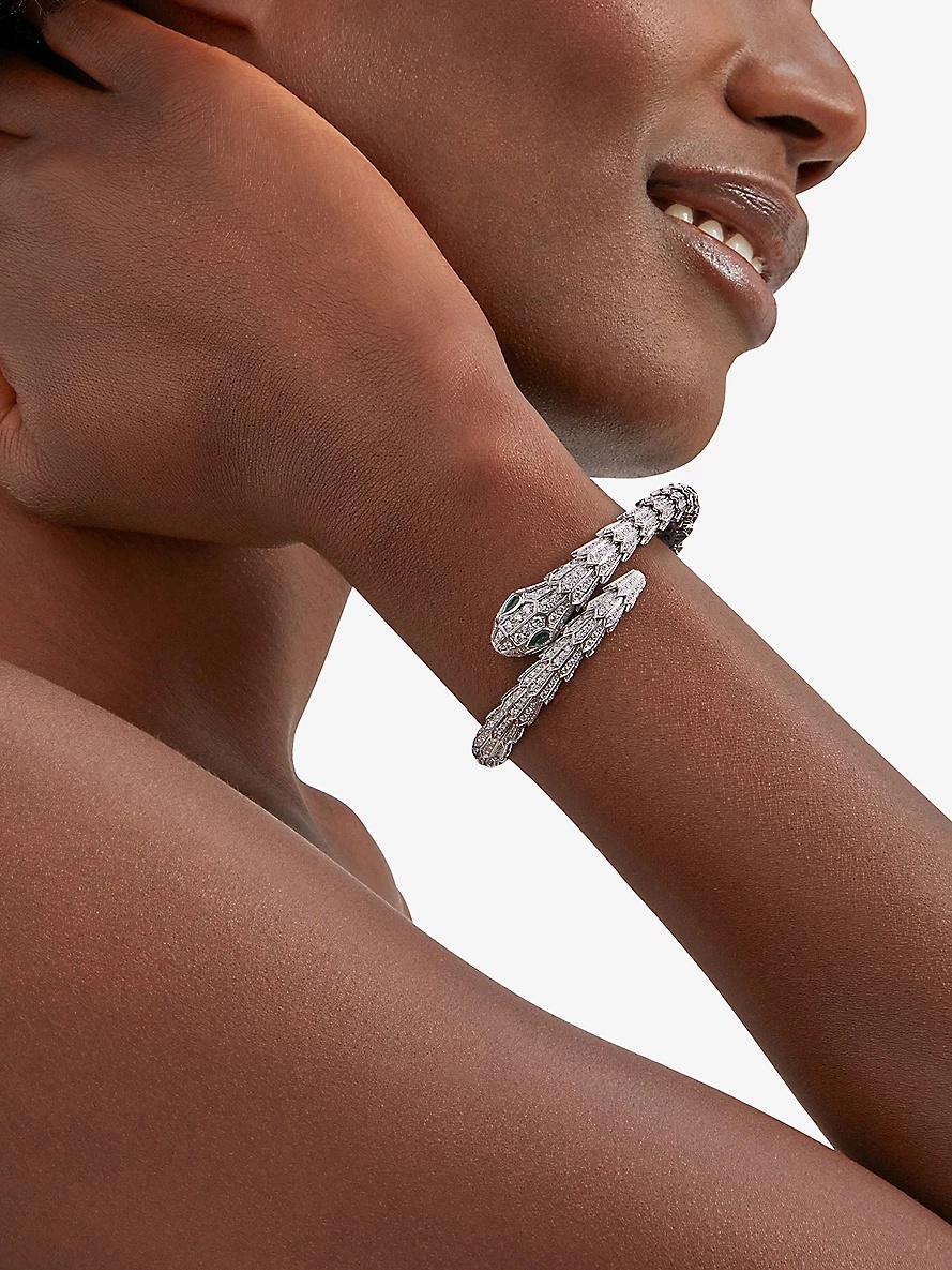 Serpenti Tubolari 18ct white-gold, 3.89ct diamond and 0.26ct emerald bracelet - 4