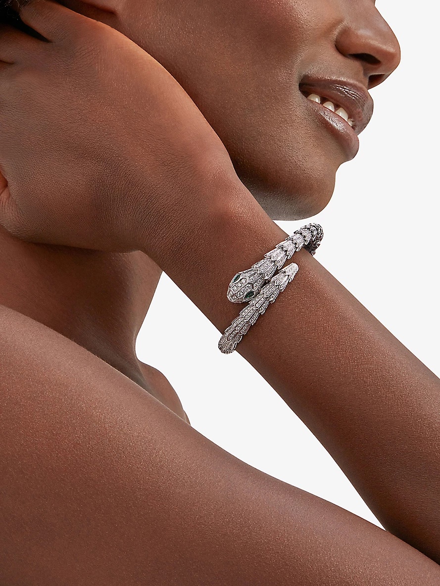 Serpenti Tubolari 18ct white-gold, 3.89ct diamond and 0.26ct emerald bracelet - 4