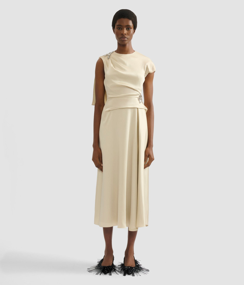 EMBELLISHED SATIN CADY DRAPED MIDI DRESS 4