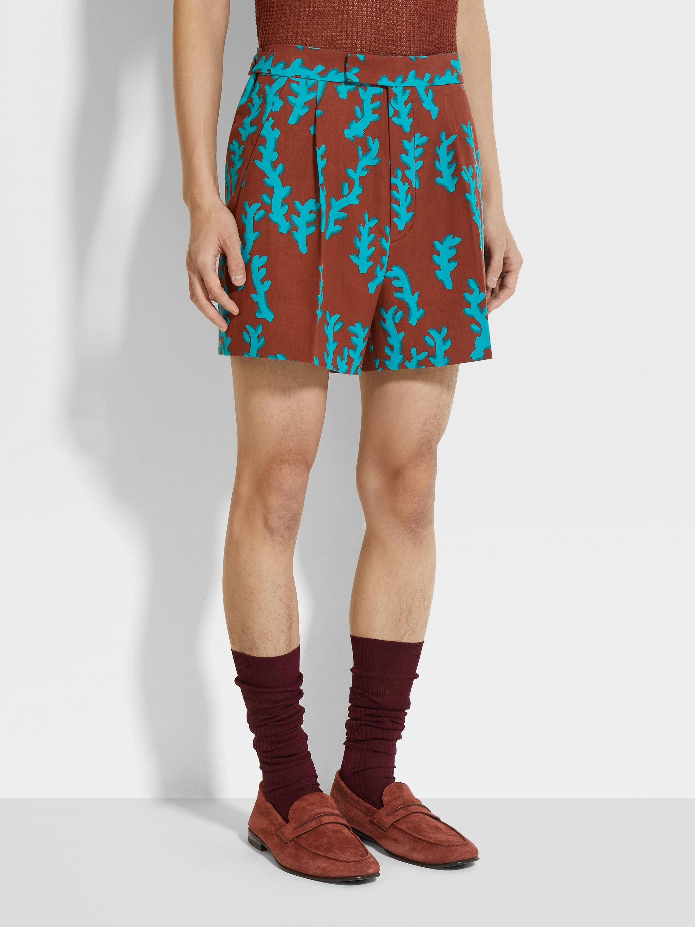 BRICK RED AND BRIGHT TEAL BLUE OASI LINO SHORTS - 5