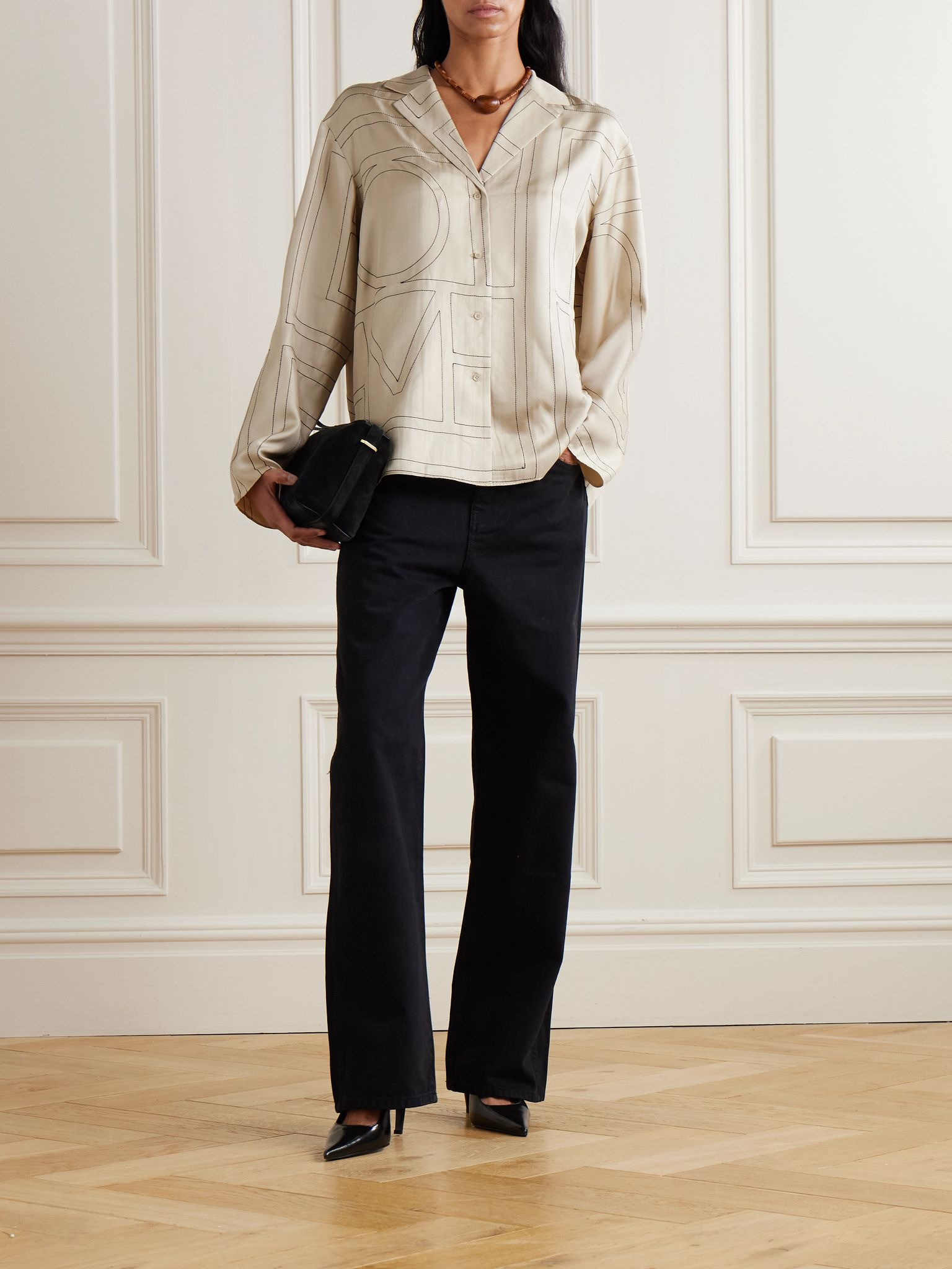 Embroidered silk-twill shirt Ivory - 4