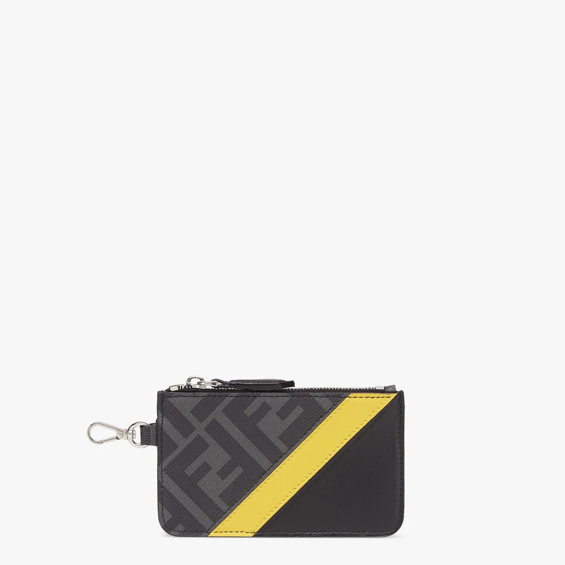 Card holder with clip and purse. Made of textured fabric with gray and black FF motif. Embellished w 1