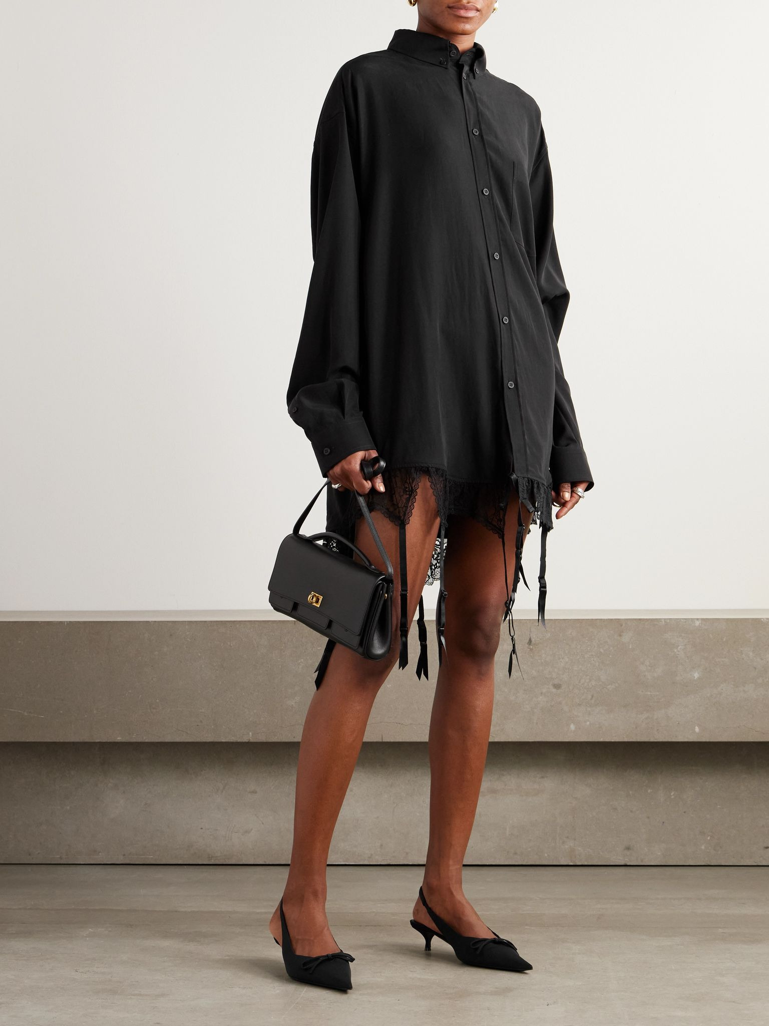 Fringed lace-trimmed Lyocell-poplin shirt Black - 4