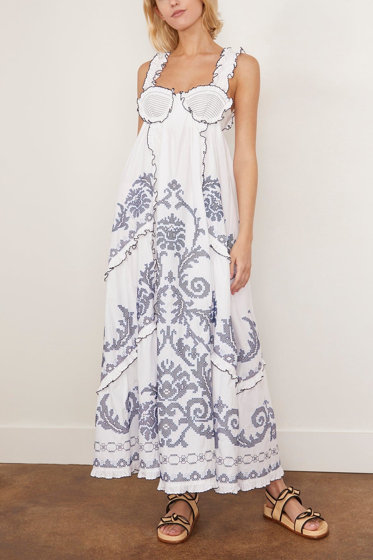 Hazel Smocked Embroiderd Midi Dress in White - 3