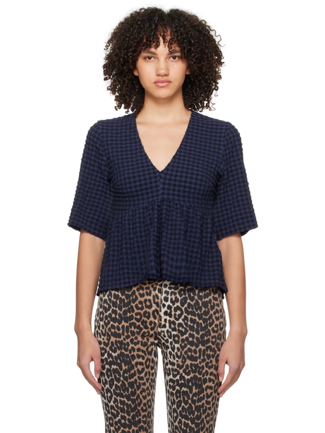 Blue & Black V-Neck Blouse - 1