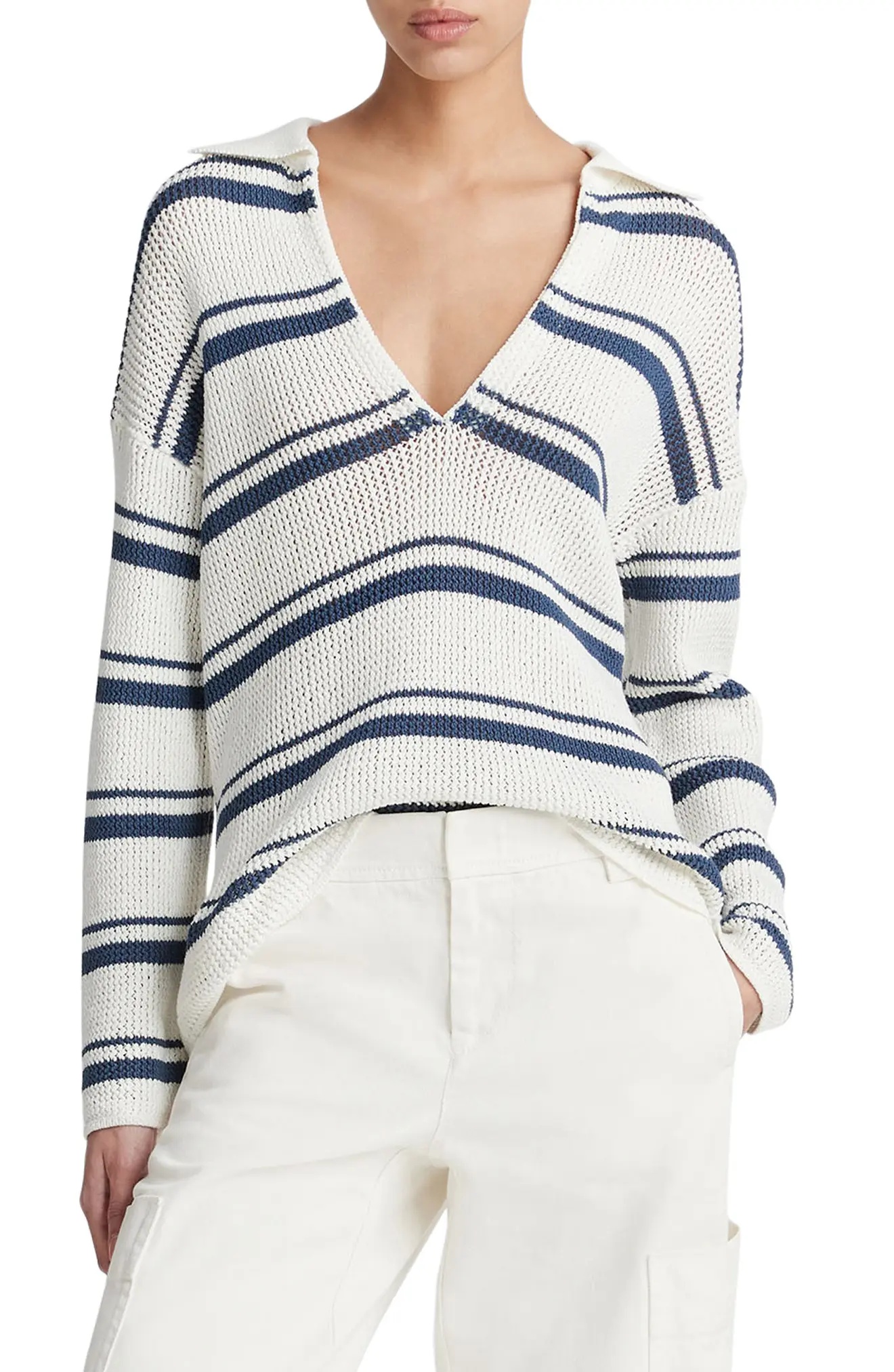 Vince Variegated Stripe Cotton Sweater REVERSIBLE