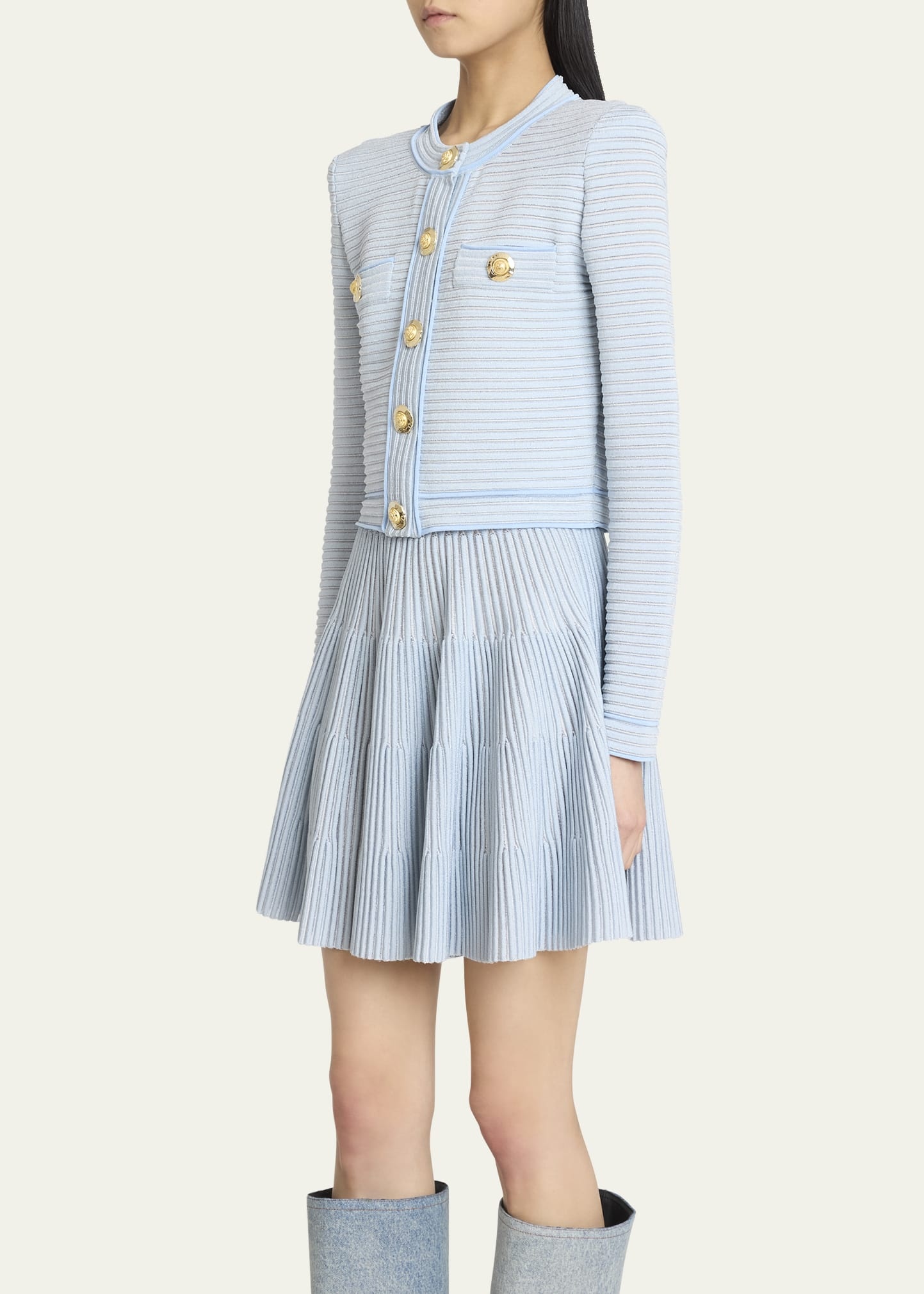Buttoned Striped Knit Crop Cardigan - 4