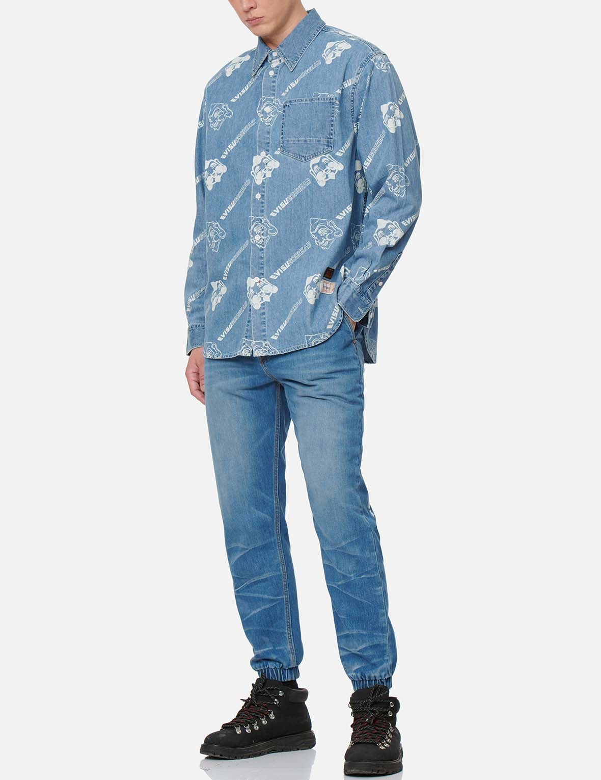 Allover Godhead and Logo Discharged  Print Denim Shirt - 5