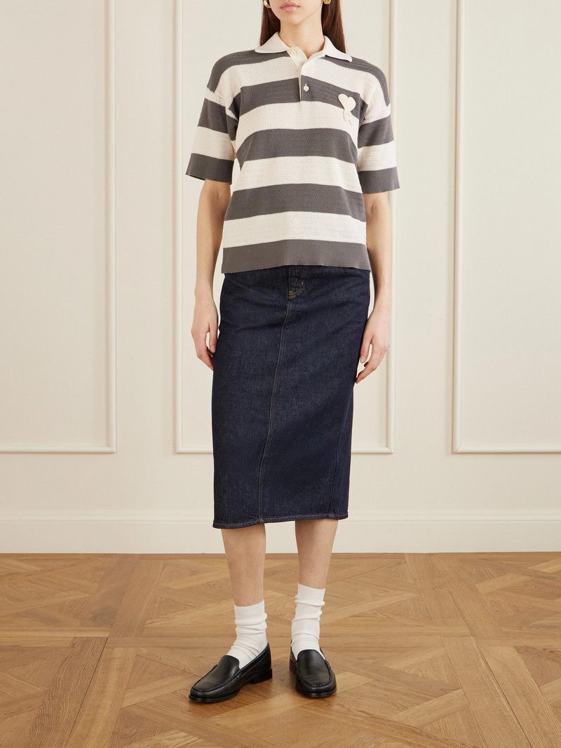 AMI Paris Embroidered Striped Knitted Cotton Polo Shirt outlook