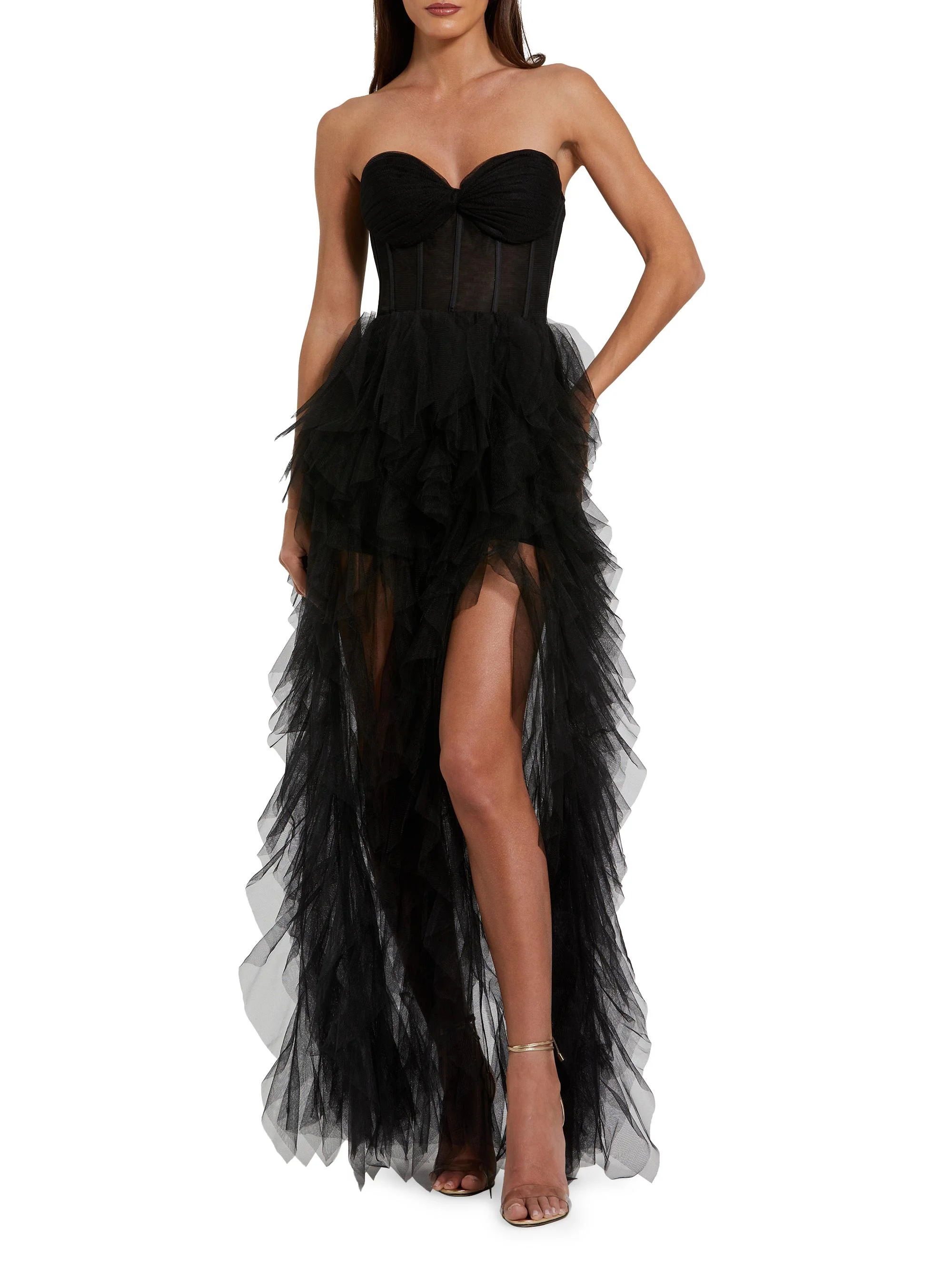 Women's Tulle Strapless Bustier Ruffled Gown - Black - 1
