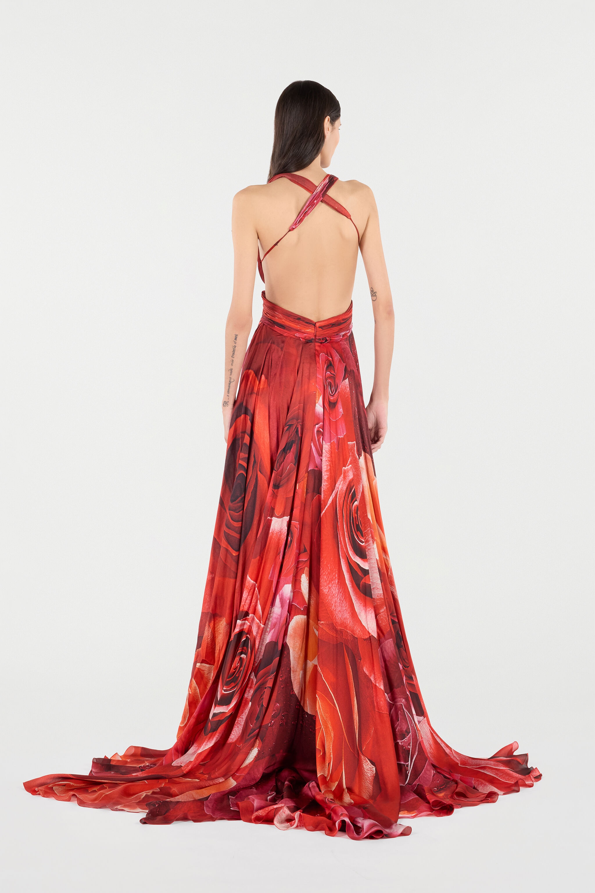 Long Dress With Rose Print And Cut-Out - 4