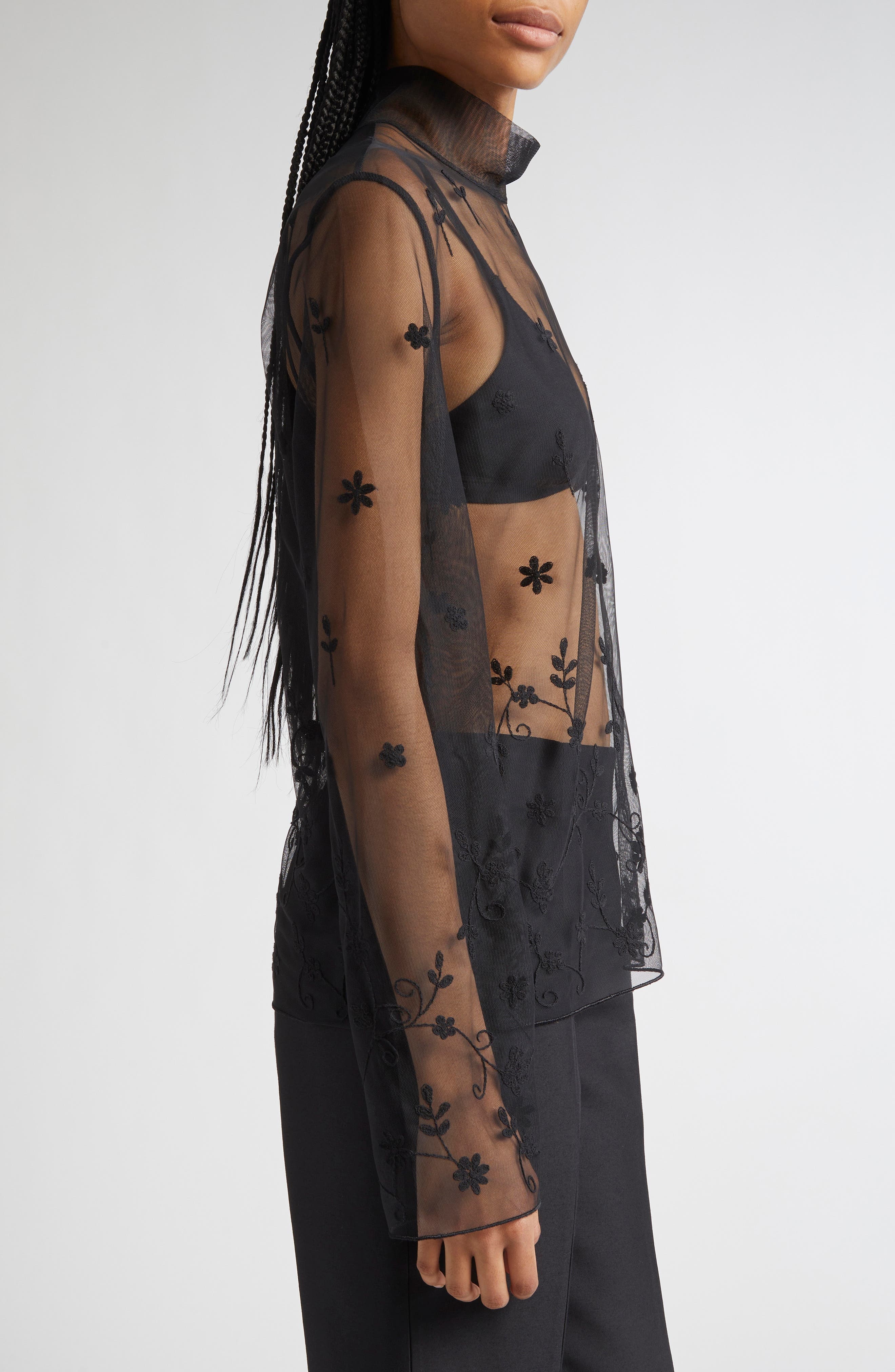 TOTEME Floral Embroidered Tulle Top in Black/Black at Nordstrom - 4