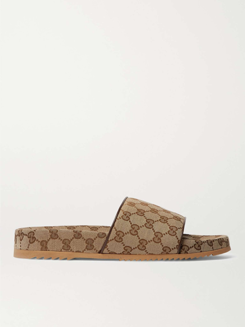 Leather-Trimmed Monogrammed Canvas Slides - 1