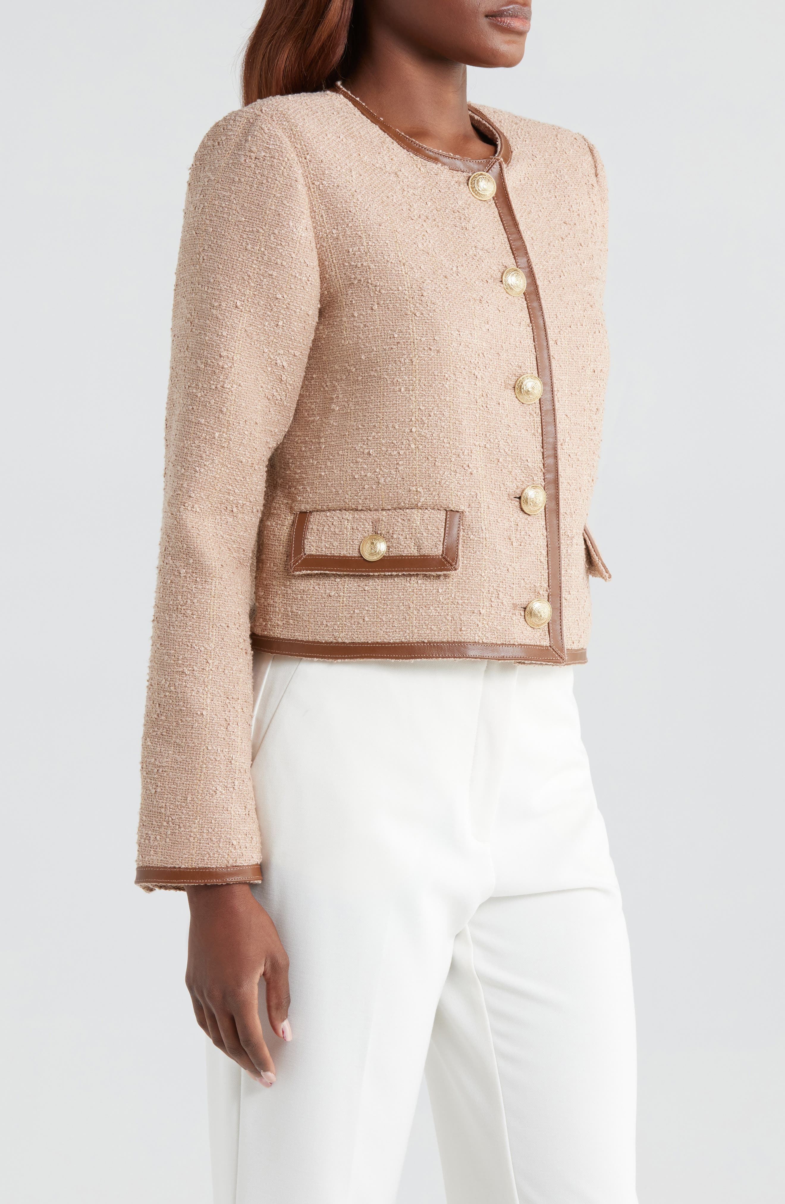 L'AGENCE Zaya Faux Leather Trim Jacket in Cappuccino/Gold Stripe at Nordstrom - 3