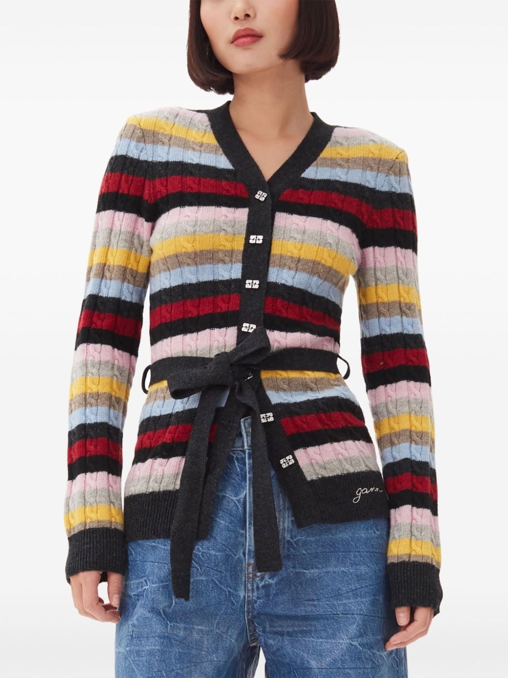 logo-embroidered striped belted cardigan - 5