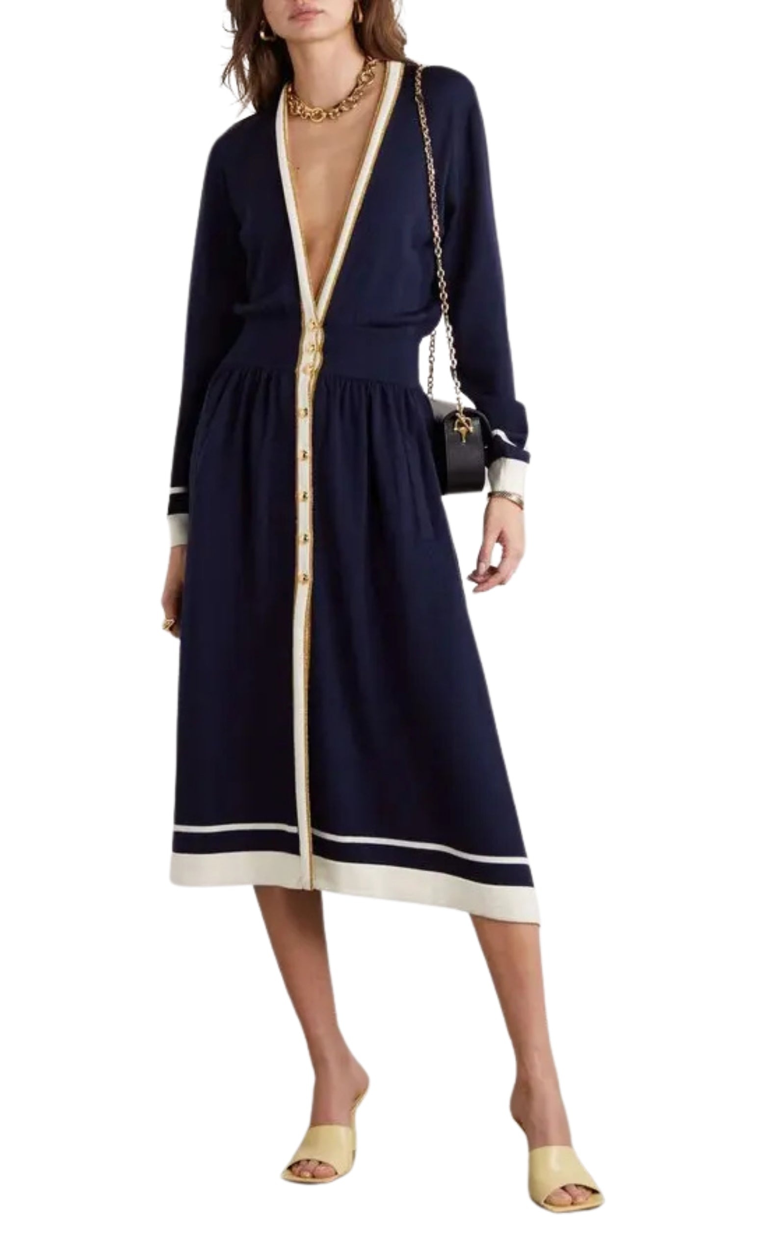 Button-Embellished Striped Wool Midi Dress - 2