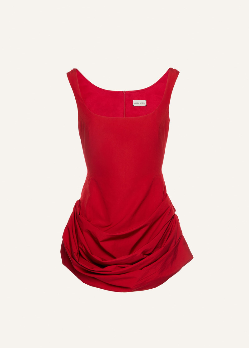 Round neck ruched cotton mini dress in red 1